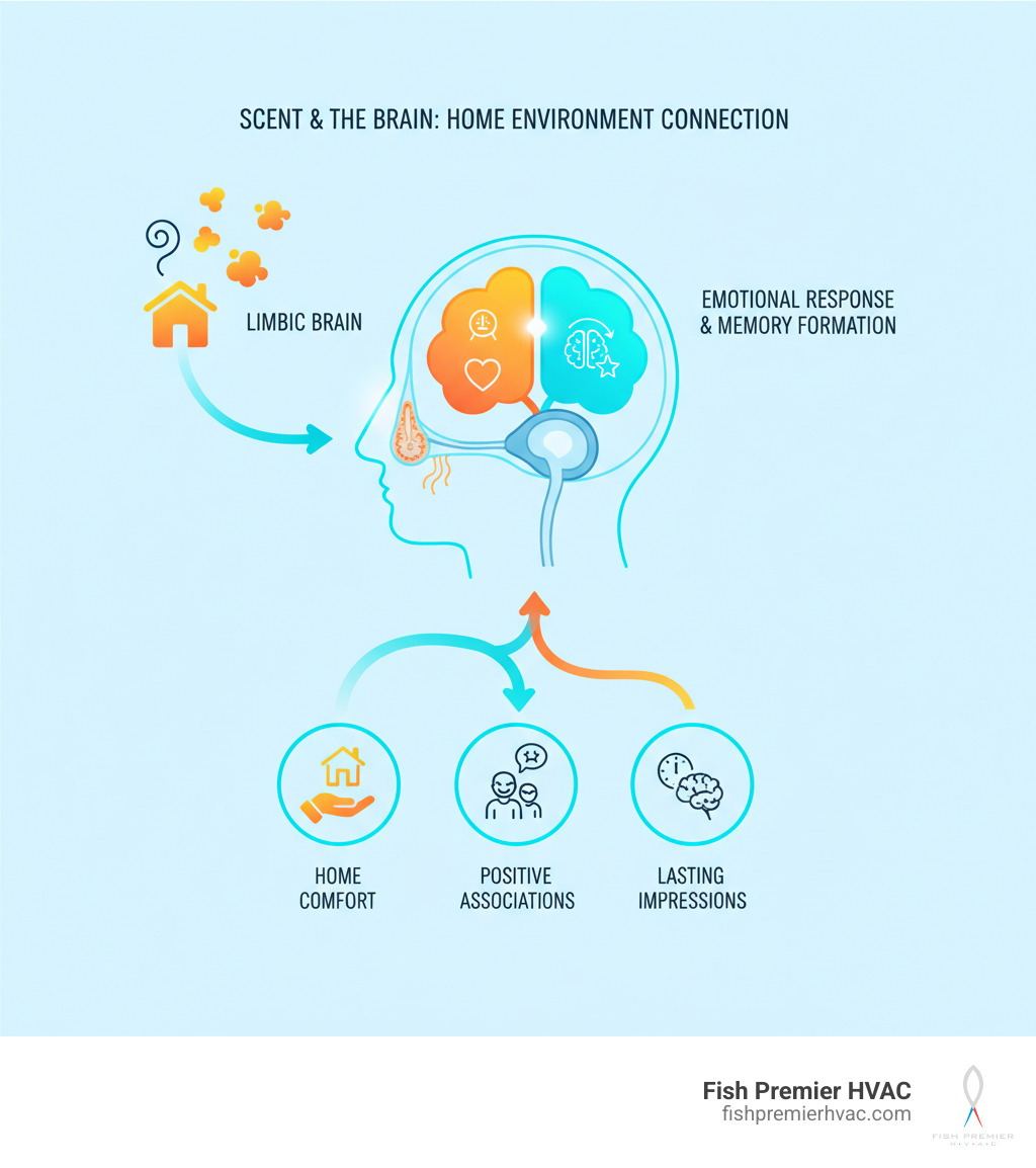Infographic showing how scent molecules travel through the olfactory system to the limbic brain, illustrating the connection between smell, memory formation, and emotional responses in home environments - home scenting system dallas infographic Infographic showing how scent molecules travel through the olfactory system to the limbic brain, illustrating the connection between smell, memory formation, and emotional responses in home environments - home scenting system dallas infographic