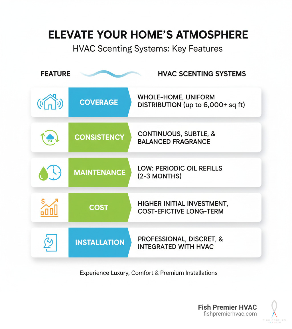 Table highlighting features of Fish Premier HVAC Scenting Systems: Coverage, Consistency, Maintenance, Cost, and Installation. - home scenting system dallas infographic Table highlighting features of Fish Premier HVAC Scenting Systems: Coverage, Consistency, Maintenance, Cost, and Installation. - home scenting system dallas infographic