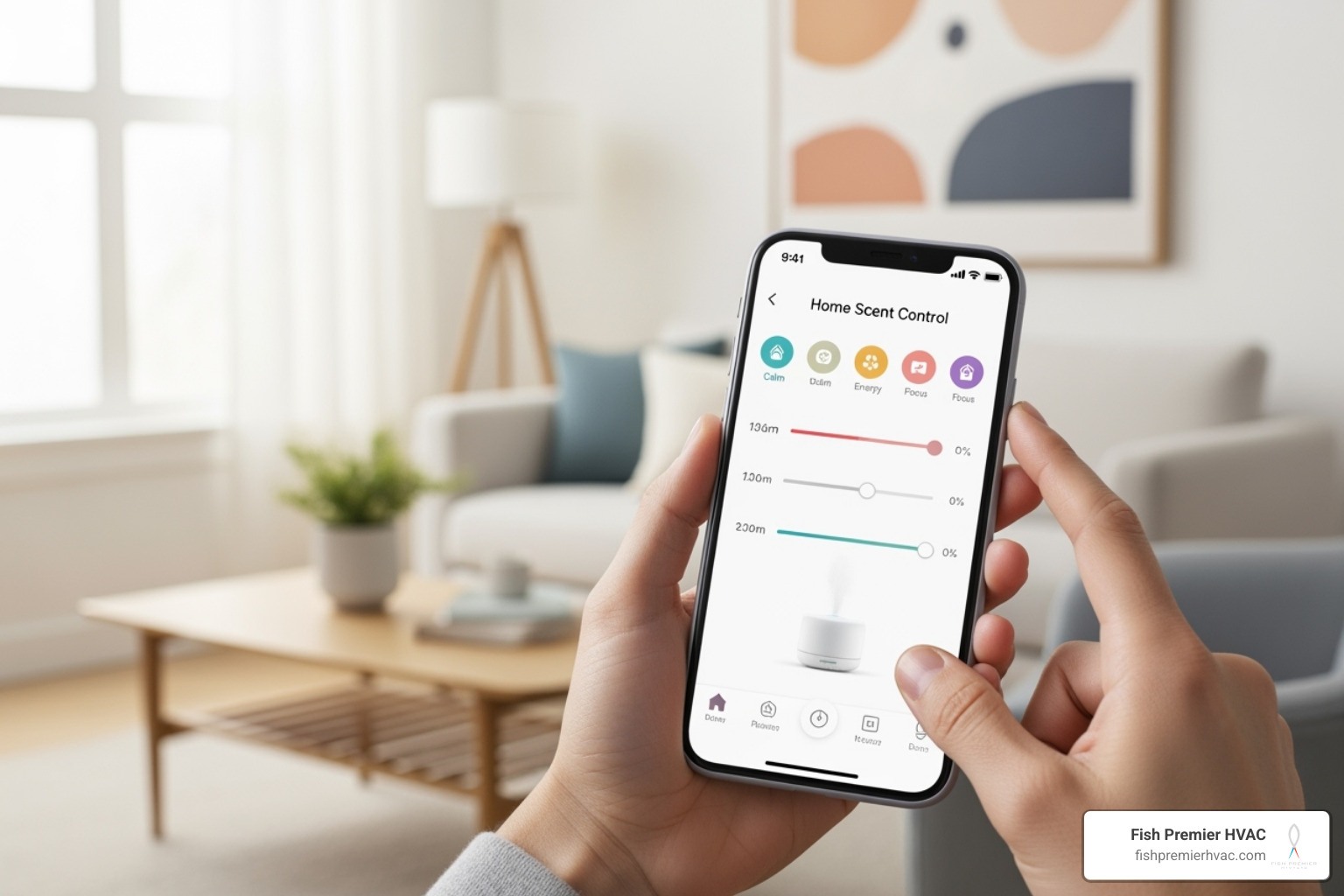 A person using a smartphone app to control their home scent, with a modern home interior in the background. - home scenting system dallas A person using a smartphone app to control their home scent, with a modern home interior in the background. - home scenting system dallas