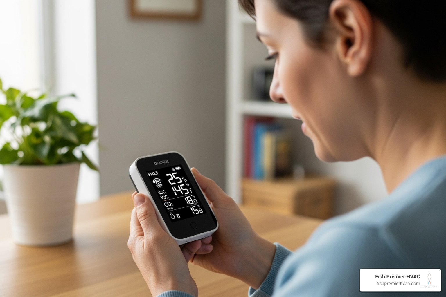 Person checking an indoor air quality monitor - indoor air quality dallas Person checking an indoor air quality monitor - indoor air quality dallas