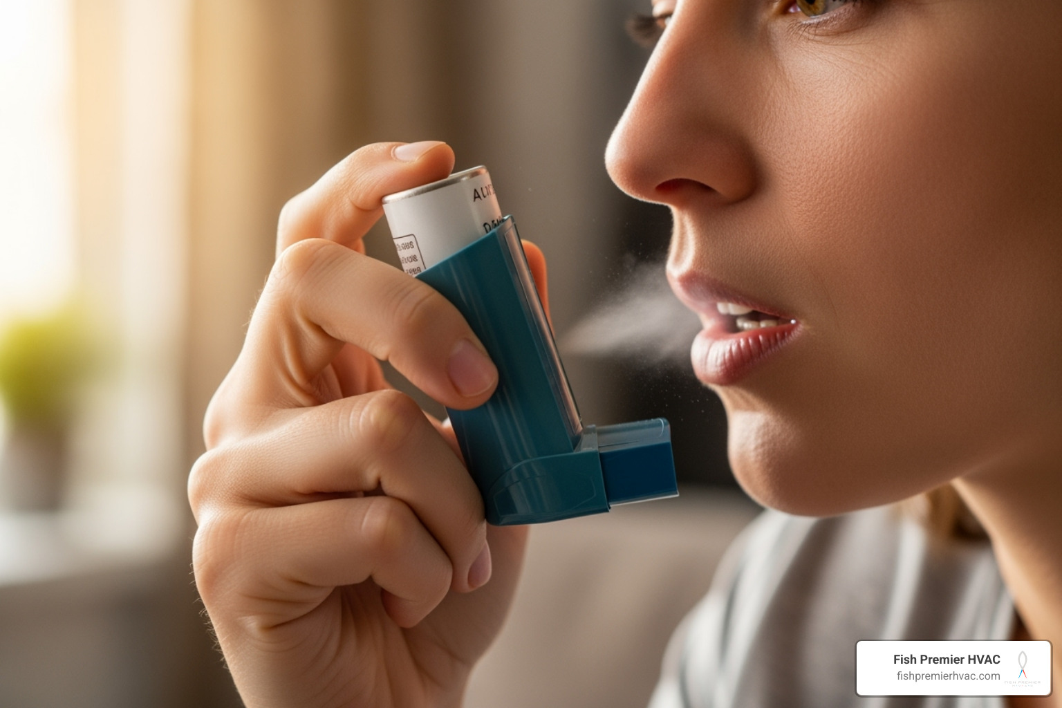 Person using an asthma inhaler - indoor air quality dallas Person using an asthma inhaler - indoor air quality dallas