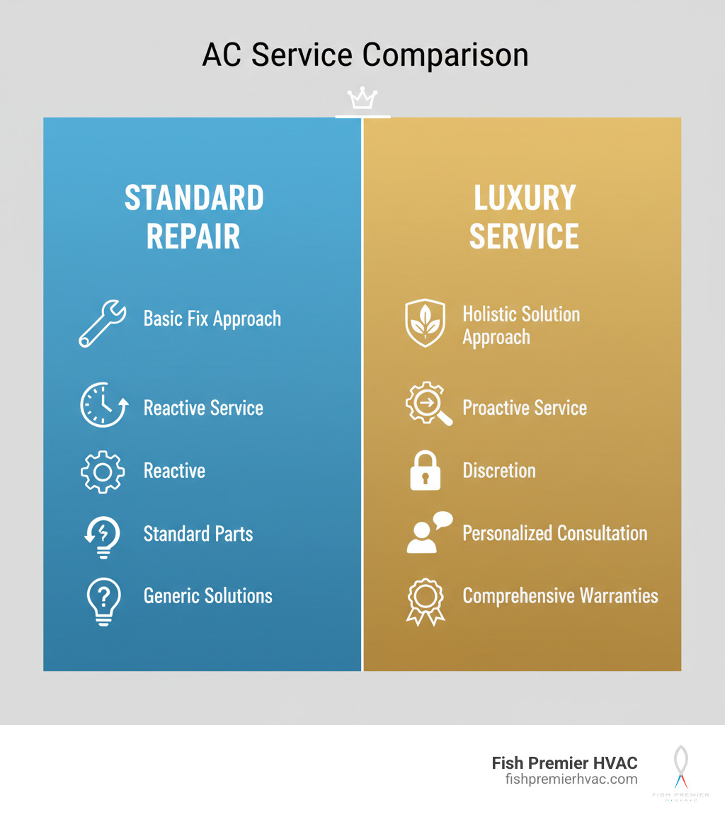 Infographic comparing Standard AC Repair versus Luxury AC Service: Standard shows Basic Fix approach with reactive service, standard parts, and generic solutions; Luxury shows Holistic Solution approach with proactive service, premium parts, discretion, personalized consultation, and comprehensive warranties - luxury air conditioning repair southlake infographic 