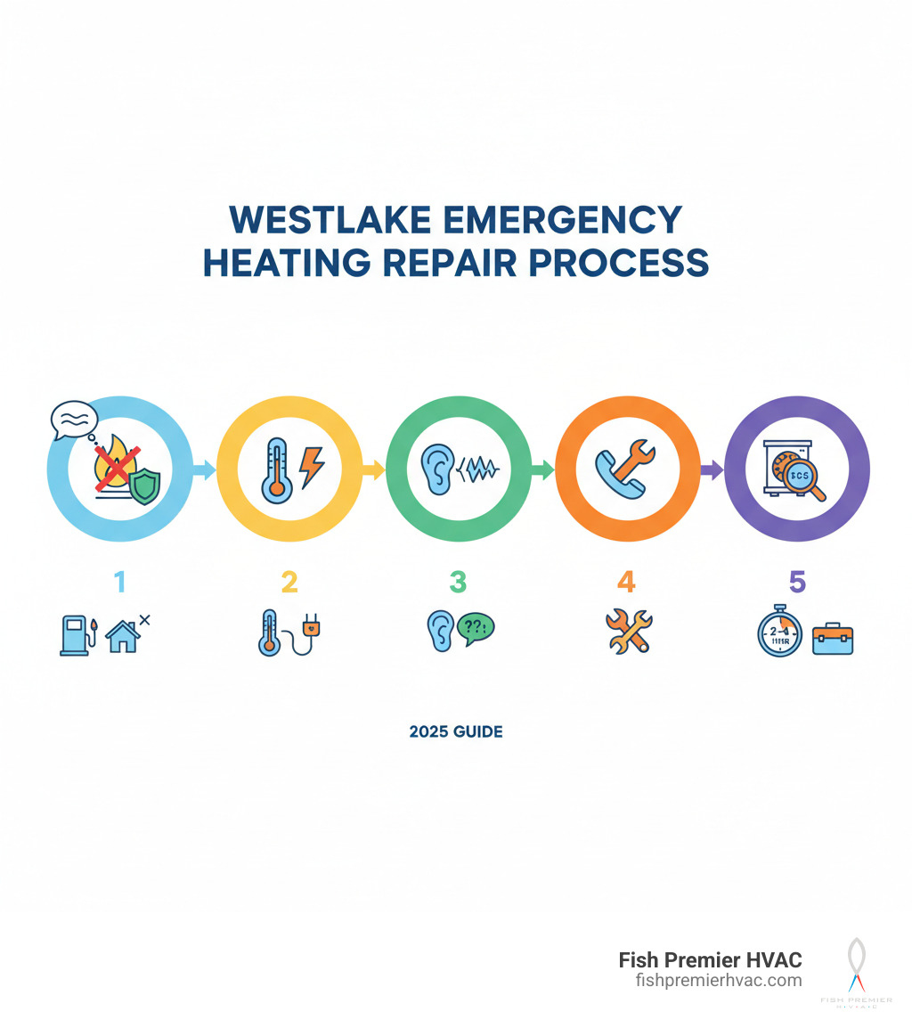 Infographic showing emergency heating repair process in Westlake: Step 1 - Check for gas smells and ensure safety, Step 2 - Verify thermostat and electrical settings, Step 3 - Document unusual noises or smells, Step 4 - Call licensed emergency HVAC service, Step 5 - Professional diagnosis and repair within 2-4 hours - emergency heating repair westlake infographic 