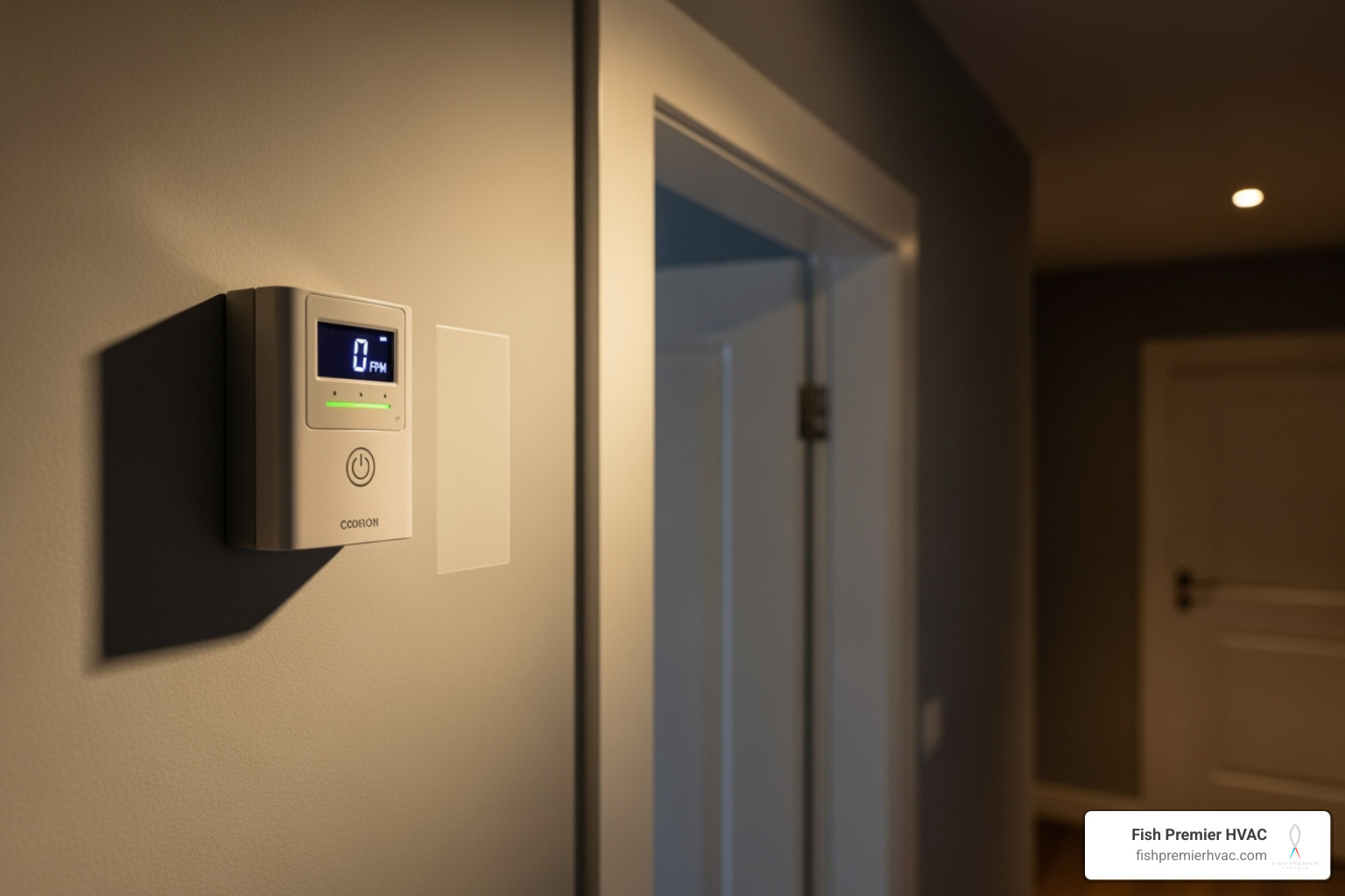 A carbon monoxide detector mounted on a wall in a home hallway - emergency heating repair westlake