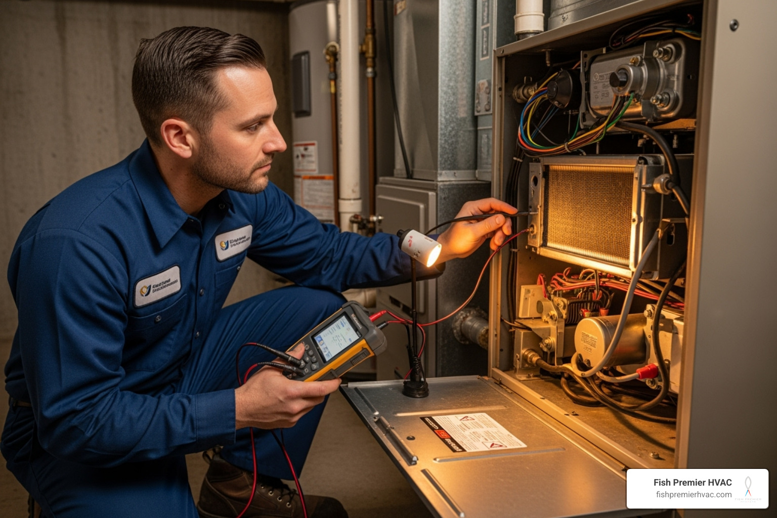 A skilled technician using a specialized diagnostic tool to inspect the internal components of a furnace unit - emergency heating repair westlake