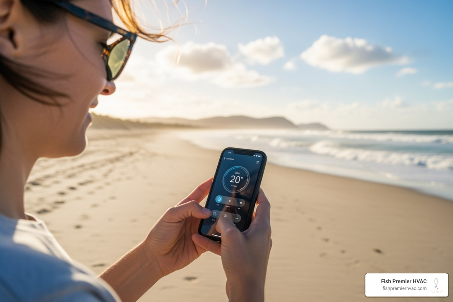 a person adjusting their home thermostat from a smartphone while on a beach - connected home hvac colleyville a person adjusting their home thermostat from a smartphone while on a beach - connected home hvac colleyville