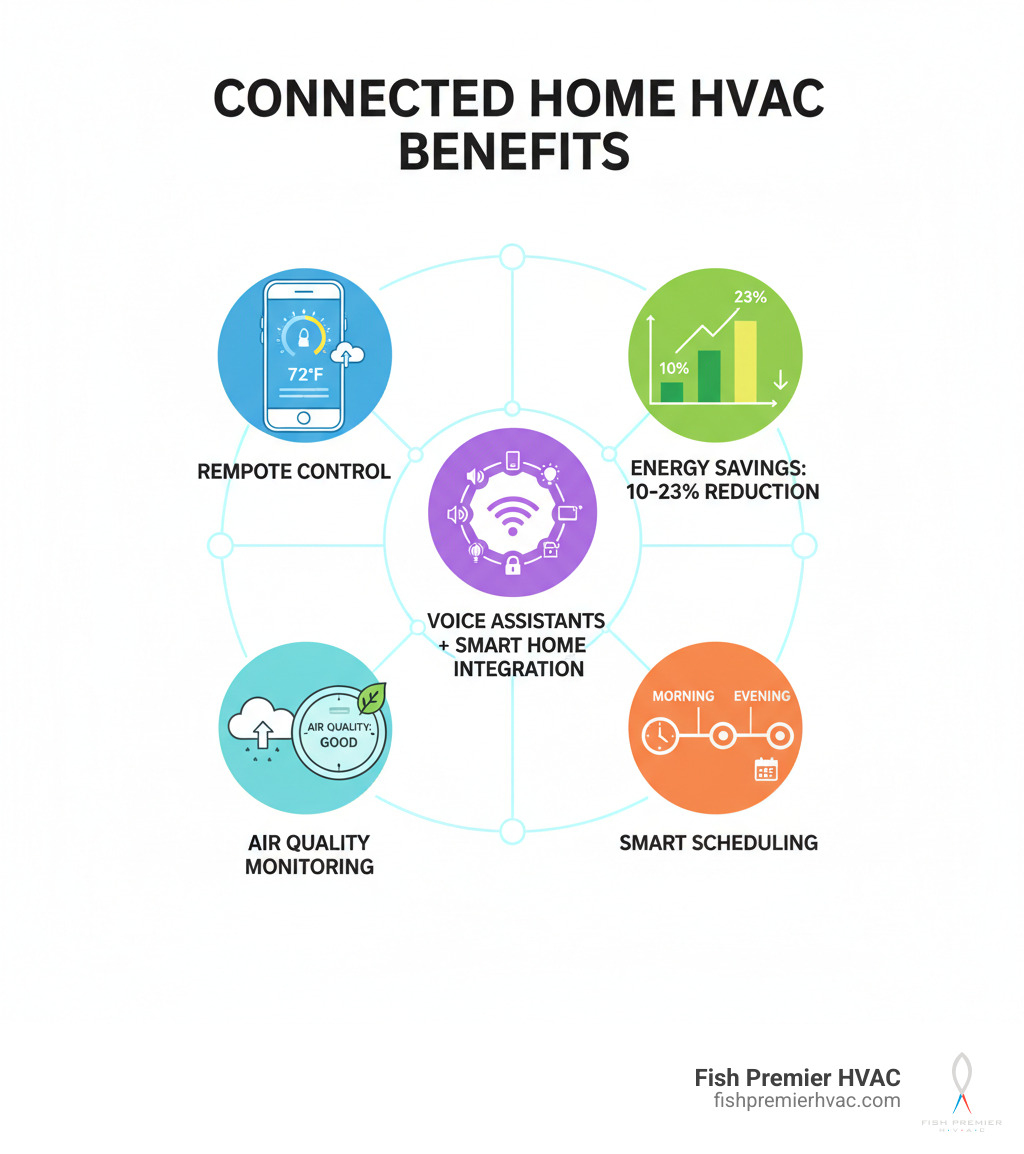 Infographic showing connected HVAC benefits: smartphone controlling temperature remotely, energy savings chart showing 10-23% reduction, smart scheduling timeline, air quality monitoring display, and integration with voice assistants and smart home devices - connected home hvac colleyville infographic Infographic showing connected HVAC benefits: smartphone controlling temperature remotely, energy savings chart showing 10-23% reduction, smart scheduling timeline, air quality monitoring display, and integration with voice assistants and smart home devices - connected home hvac colleyville infographic