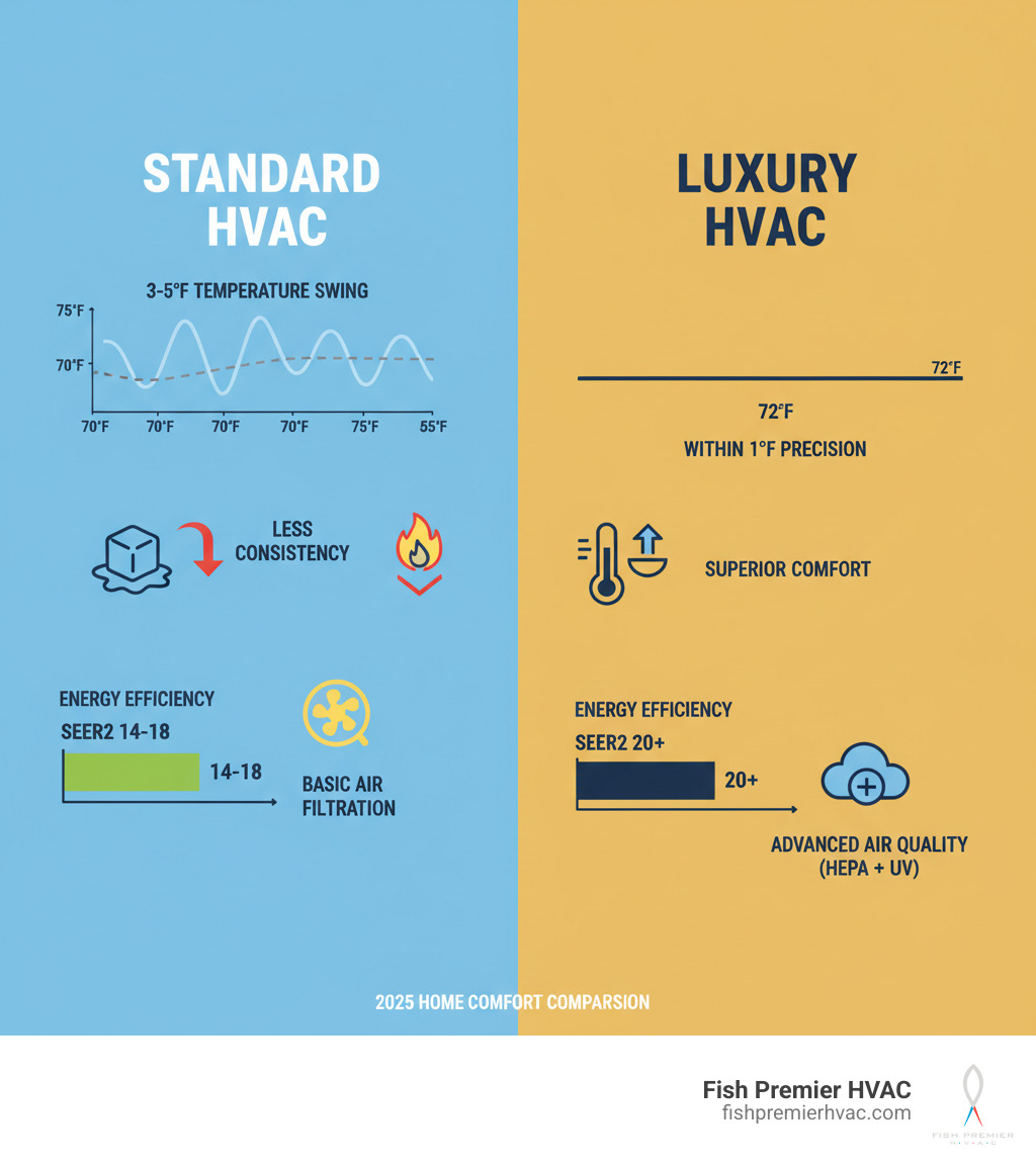 Infographic showing temperature consistency comparison between standard HVAC systems with 3-5 degree fluctuations versus luxury systems maintaining precise temperature control within 1 degree, plus energy efficiency ratings and air quality improvements - luxury hvac installation dallas infographic 