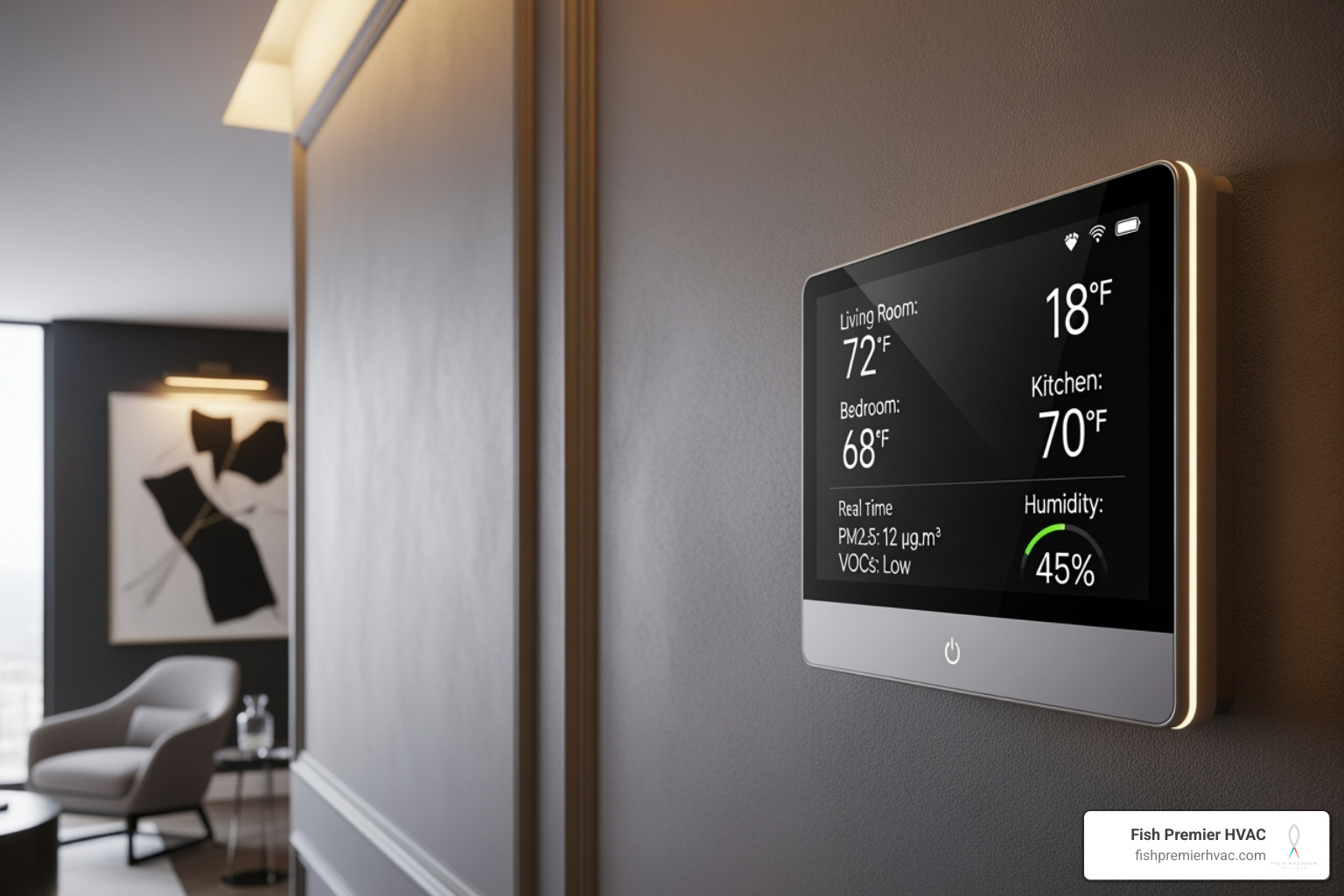 A sleek, modern smart thermostat displaying zone control and air quality metrics - luxury hvac installation dallas