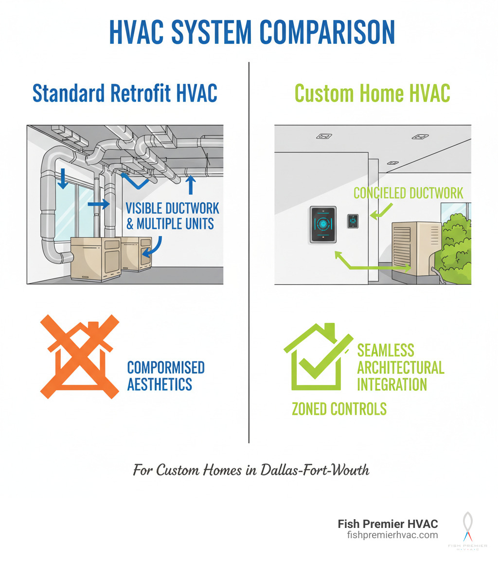 Infographic showing side-by-side comparison of standard retrofit HVAC system with visible ductwork, multiple units, and compromised aesthetics versus custom home HVAC system with concealed ductwork, integrated design, zoned controls, and seamless architectural integration - custom home hvac installation dallas-fort worth infographic 