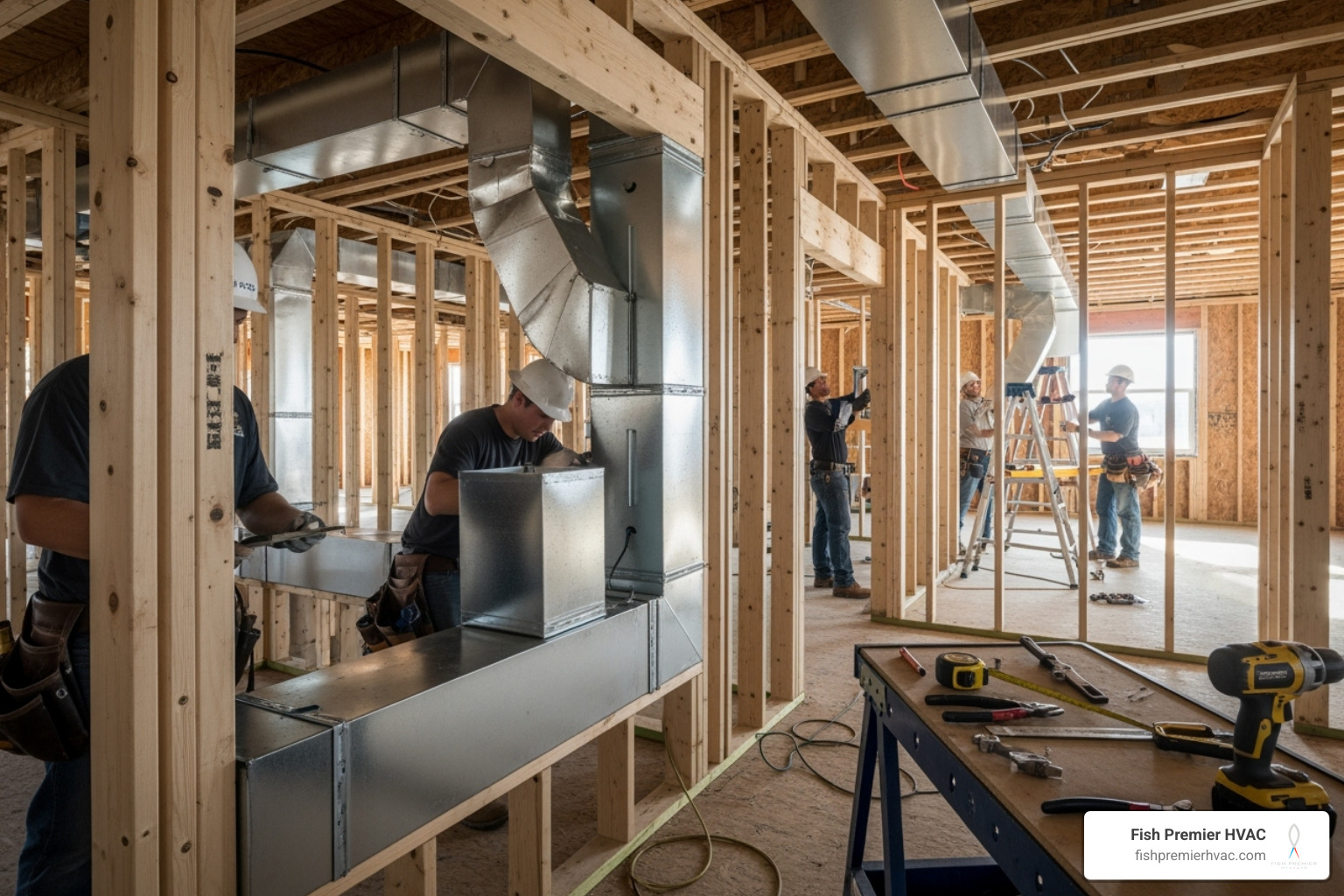 clean, professional HVAC installation in progress within a home's framing - custom home hvac installation dallas-fort worth