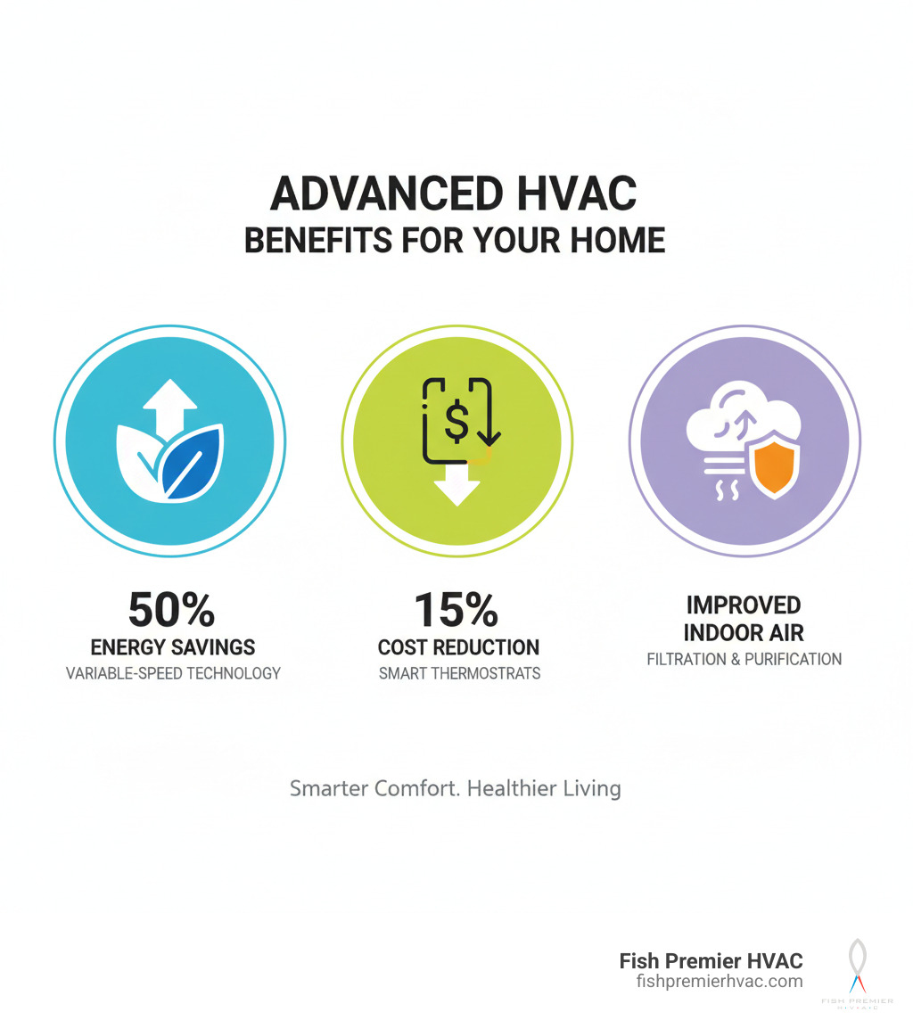 Infographic showing three main benefits of advanced HVAC systems: 50% energy savings with variable-speed technology, 15% cost reduction through smart thermostats, and improved indoor air quality through advanced filtration and purification systems - advanced hvac solutions colonial hills infographic 