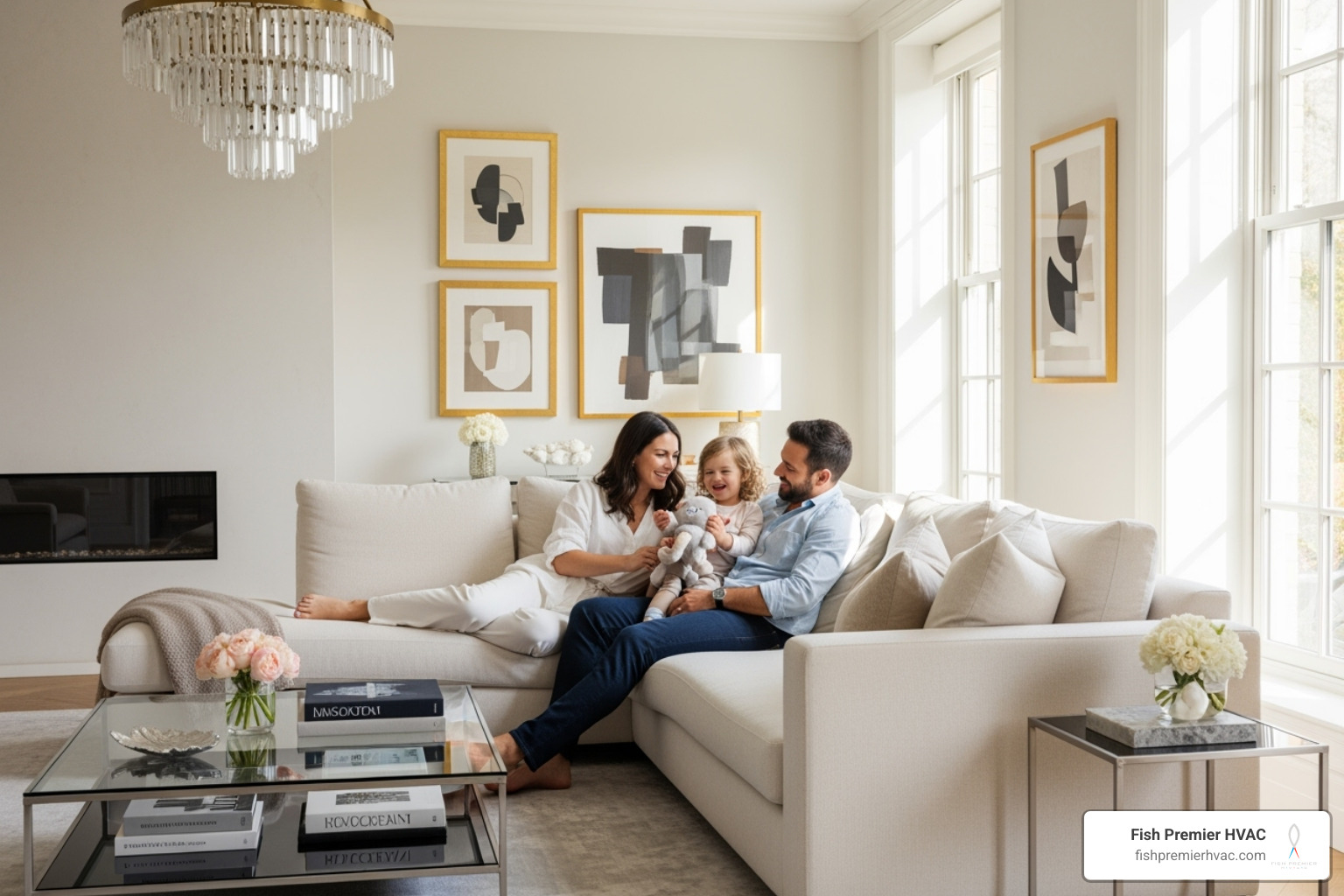 family relaxing comfortably in an neat Southlake living room - white glove hvac southlake