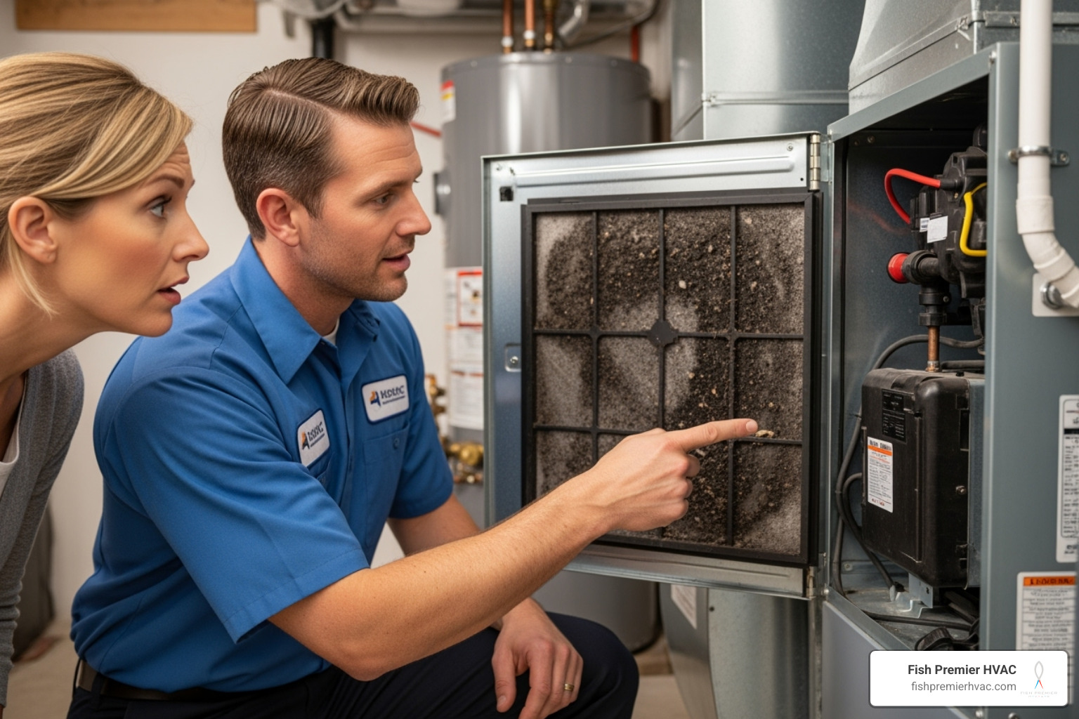 Technician pointing out a clogged filter to a homeowner - emergency hvac repair dallas