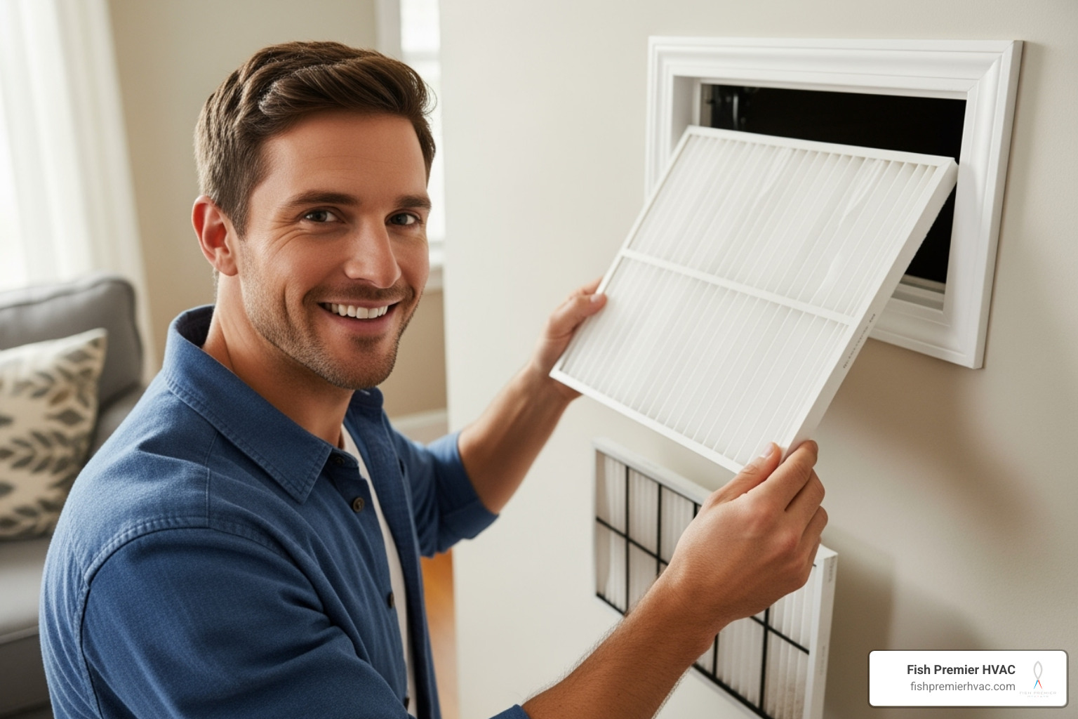 Homeowner smiling as they easily change their HVAC air filter - emergency hvac repair dallas