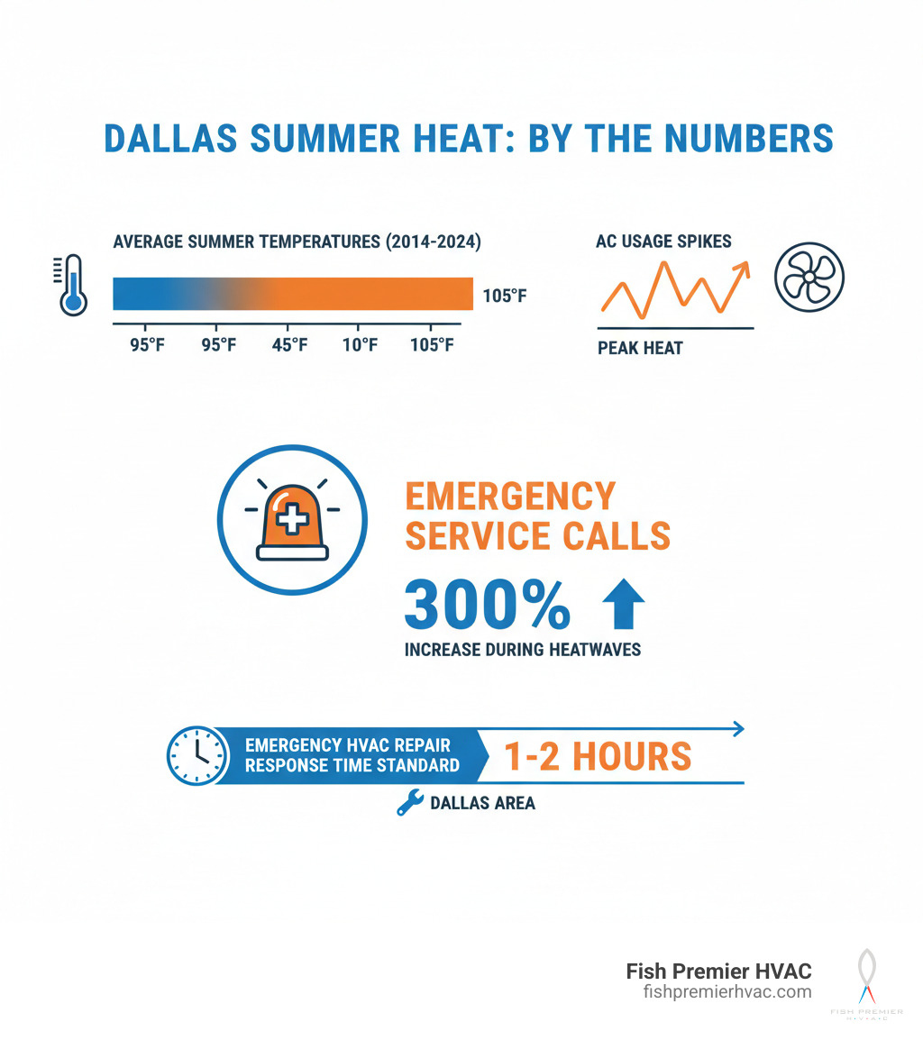 Infographic showing Dallas average summer temperatures from 2014-2024 ranging from 95-105°F with corresponding AC usage spikes during peak heat periods, emergency service call volumes increasing 300% during heatwaves, and response time standards for emergency HVAC repair companies in the Dallas area - emergency hvac repair dallas infographic 