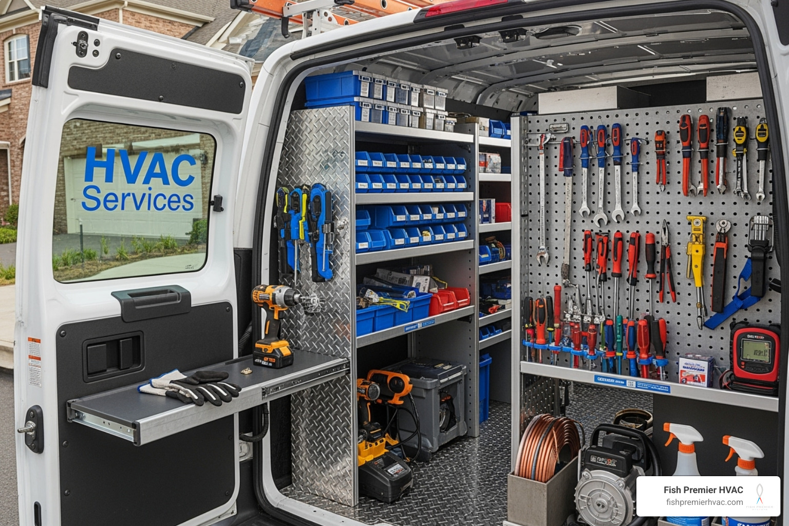 Clean, well-organized service van with its doors open, showing tools and parts - emergency hvac repair dallas