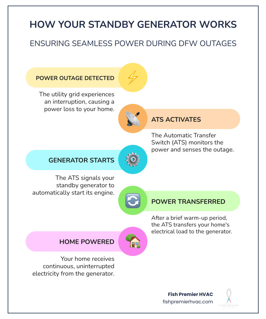 Infographic showing the seamless transition from utility power loss to automatic generator startup through an Automatic Transfer Switch, including detection phase, transfer phase, and power restoration with timing indicators - generator installation dallas-fort worth infographic infographic-line-5-steps-colors Infographic showing the seamless transition from utility power loss to automatic generator startup through an Automatic Transfer Switch, including detection phase, transfer phase, and power restoration with timing indicators - generator installation dallas-fort worth infographic infographic-line-5-steps-colors