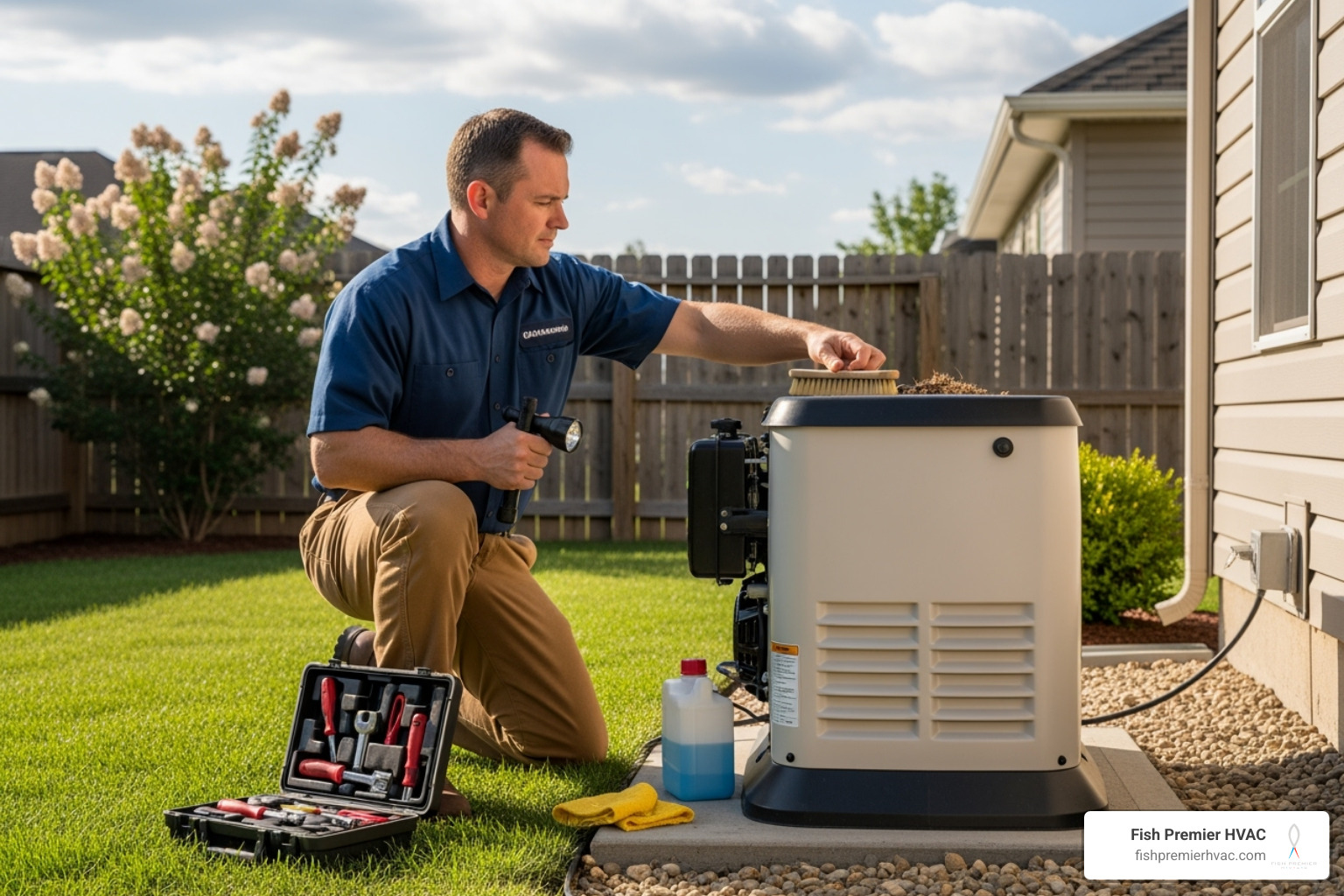 A technician performing a scheduled maintenance check on a generator, cleaning the unit and checking fluid levels - generator installation dallas-fort worth A technician performing a scheduled maintenance check on a generator, cleaning the unit and checking fluid levels - generator installation dallas-fort worth