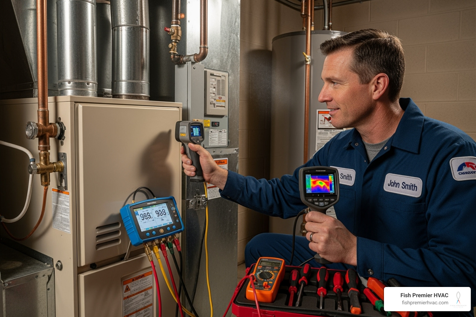 Technician performing diagnostics on a furnace - certified hvac repair westlake Technician performing diagnostics on a furnace - certified hvac repair westlake