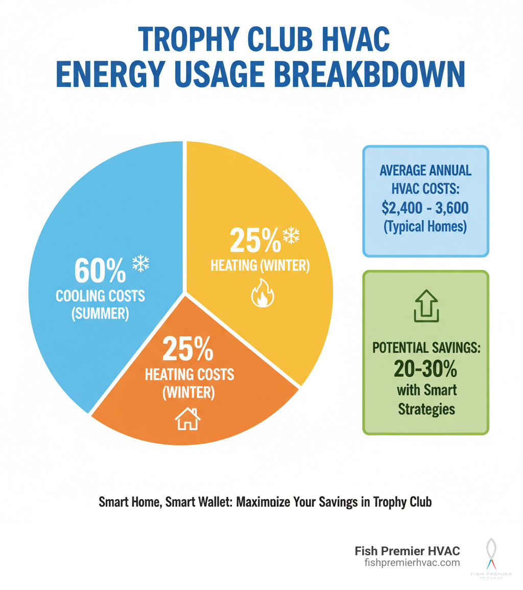 Infographic showing Trophy Club HVAC energy usage breakdown: 60% cooling costs during summer months, 25% heating costs during winter, 15% other home energy usage, with average annual HVAC costs of $2,400-$3,600 for typical homes, and potential savings of 20-30% through smart strategies - hvac savings trophy club infographic  Infographic showing Trophy Club HVAC energy usage breakdown: 60% cooling costs during summer months, 25% heating costs during winter, 15% other home energy usage, with average annual HVAC costs of $2,400-$3,600 for typical homes, and potential savings of 20-30% through smart strategies - hvac savings trophy club infographic
