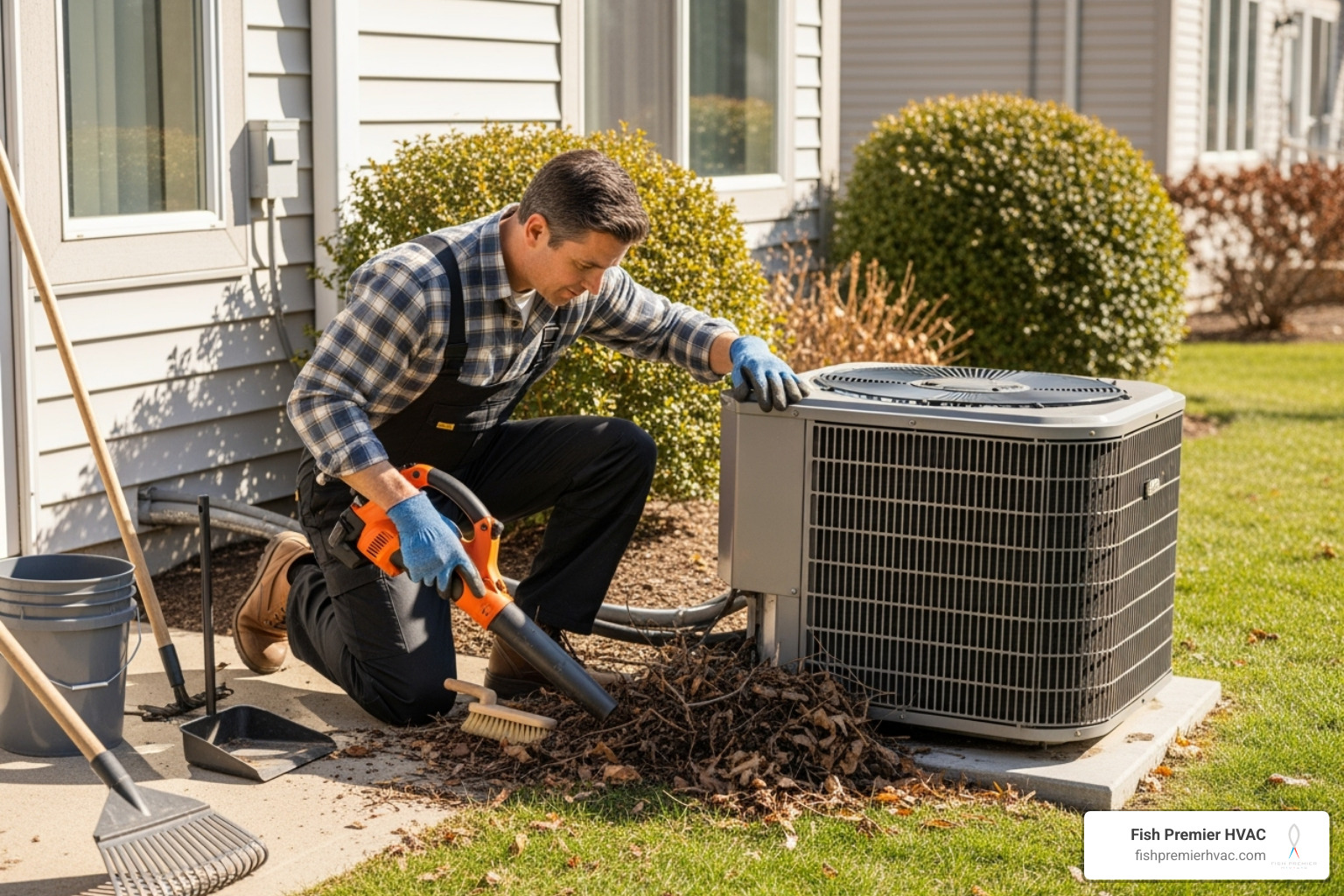 Homeowner cleaning debris from around an outdoor AC unit - extend hvac life fort worth Homeowner cleaning debris from around an outdoor AC unit - extend hvac life fort worth
