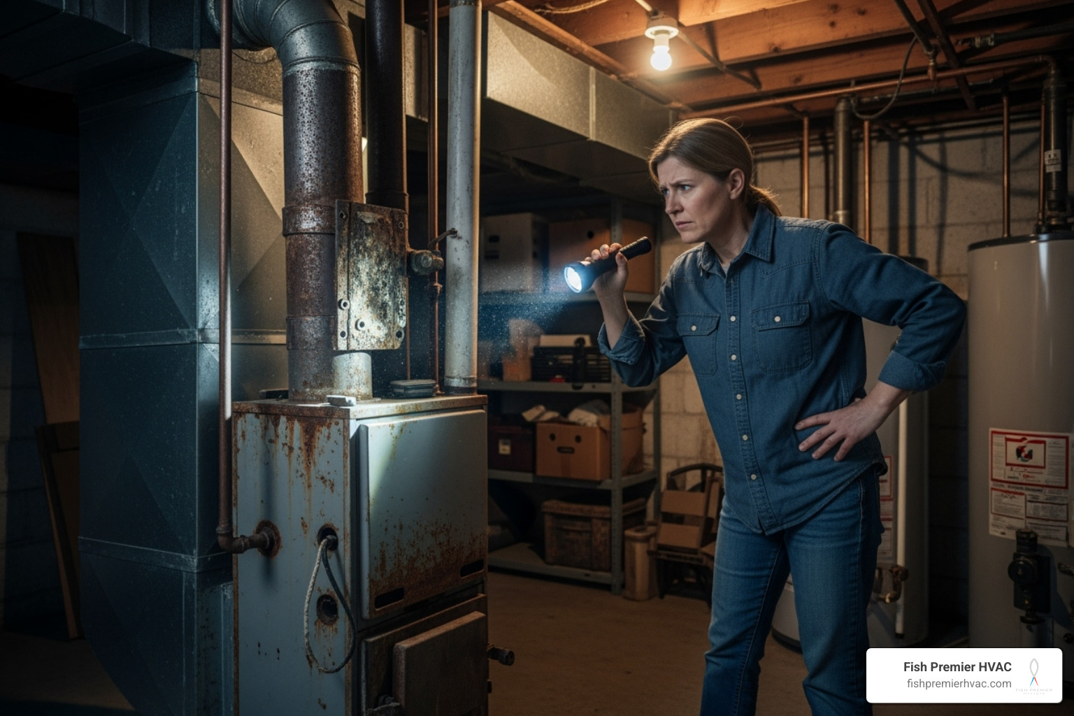 Homeowner looking concerned at an old, rusty furnace - complete hvac replacement westlake