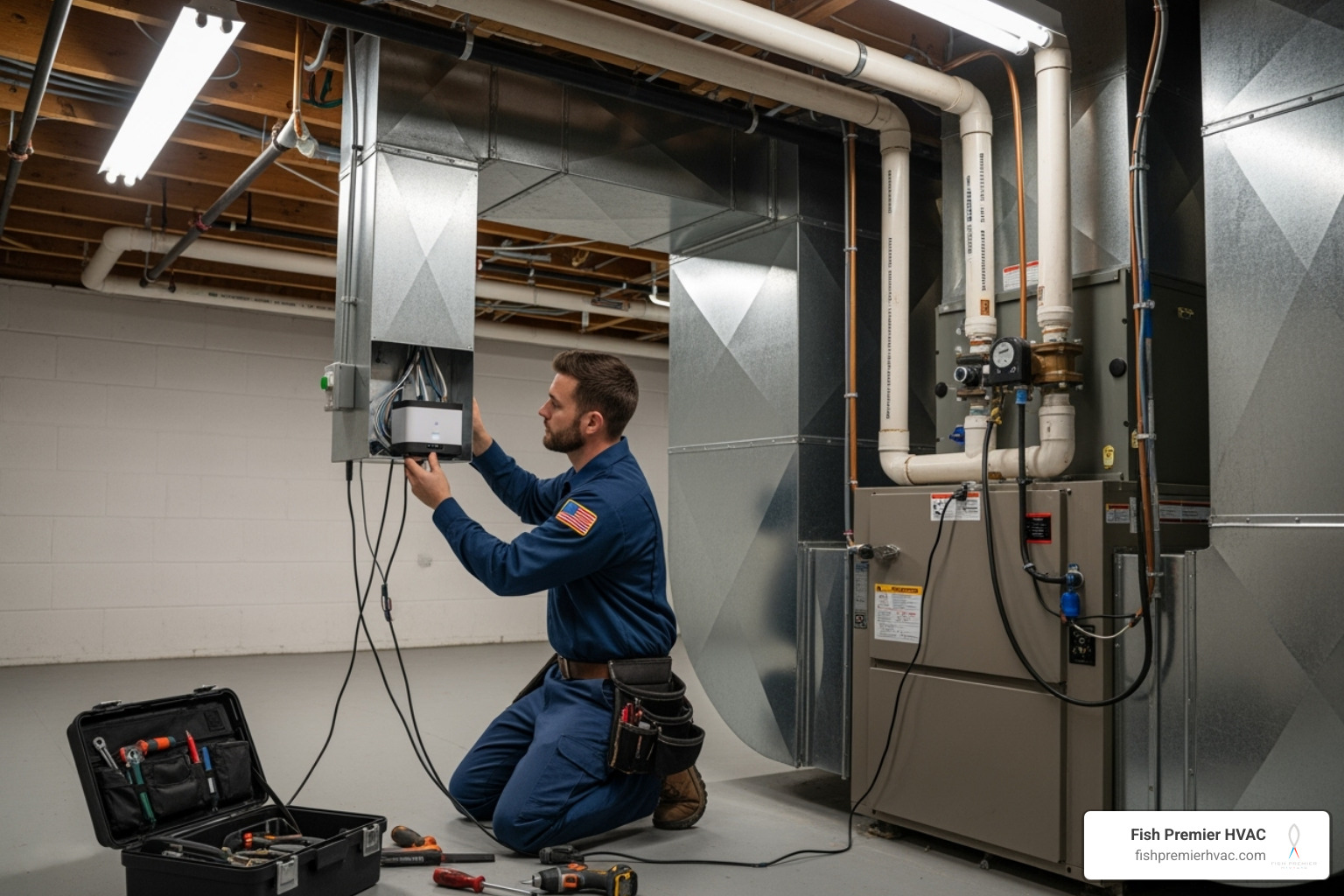 HVAC technician installing diffuser - whole home scent diffuser keller