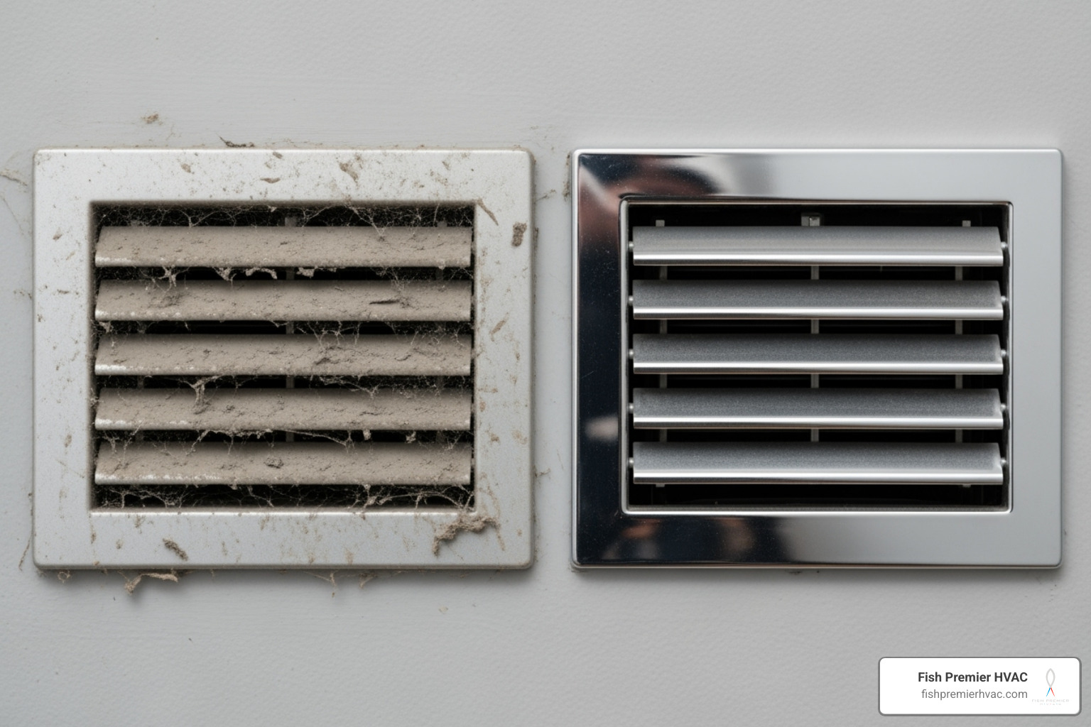 Image showing a dusty air vent next to a clean one - air duct cleaning colleyville