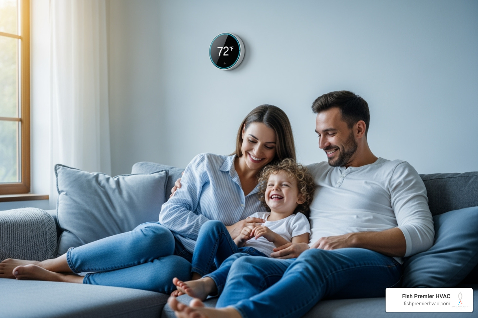 of a family enjoying their cool home with a smart thermostat in the background - ac replacement southlake