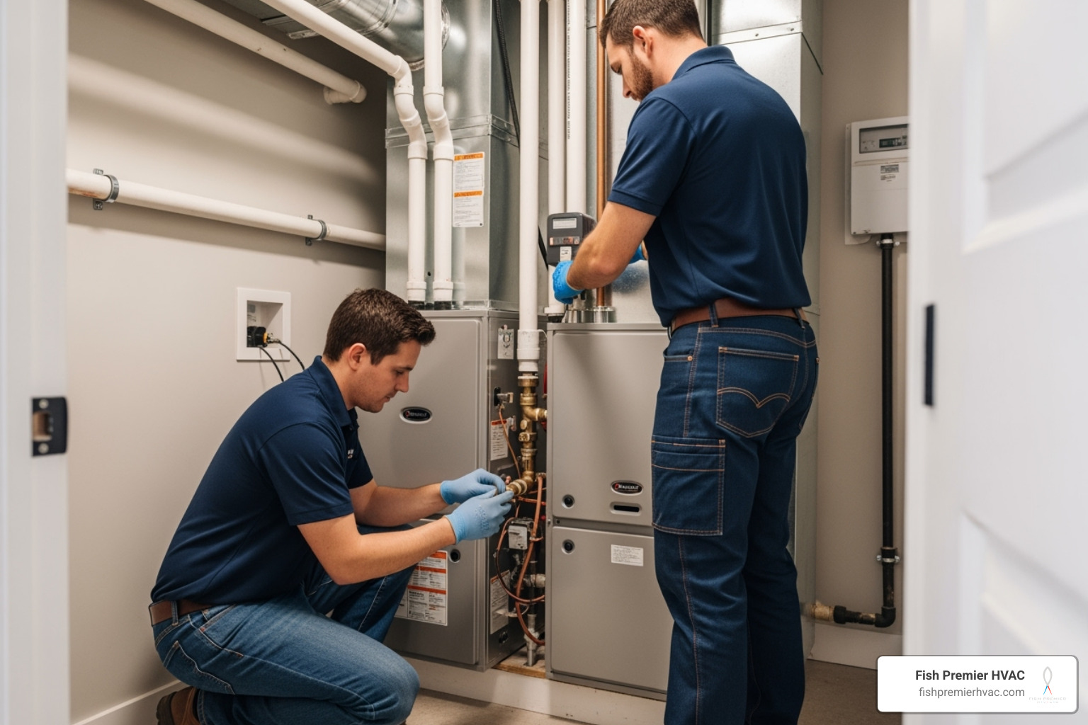Technicians carefully installing a new furnace in a clean utility space - heating installation fort worth