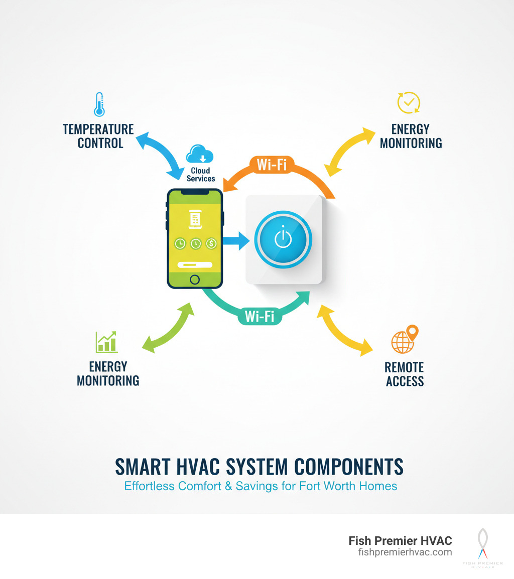 infographic showing smart HVAC system components: smart thermostat connected via WiFi to smartphone app and cloud services, with arrows indicating two-way communication for temperature control, scheduling, energy monitoring, and remote access from anywhere - home automation hvac fort worth infographic  infographic showing smart HVAC system components: smart thermostat connected via WiFi to smartphone app and cloud services, with arrows indicating two-way communication for temperature control, scheduling, energy monitoring, and remote access from anywhere - home automation hvac fort worth infographic