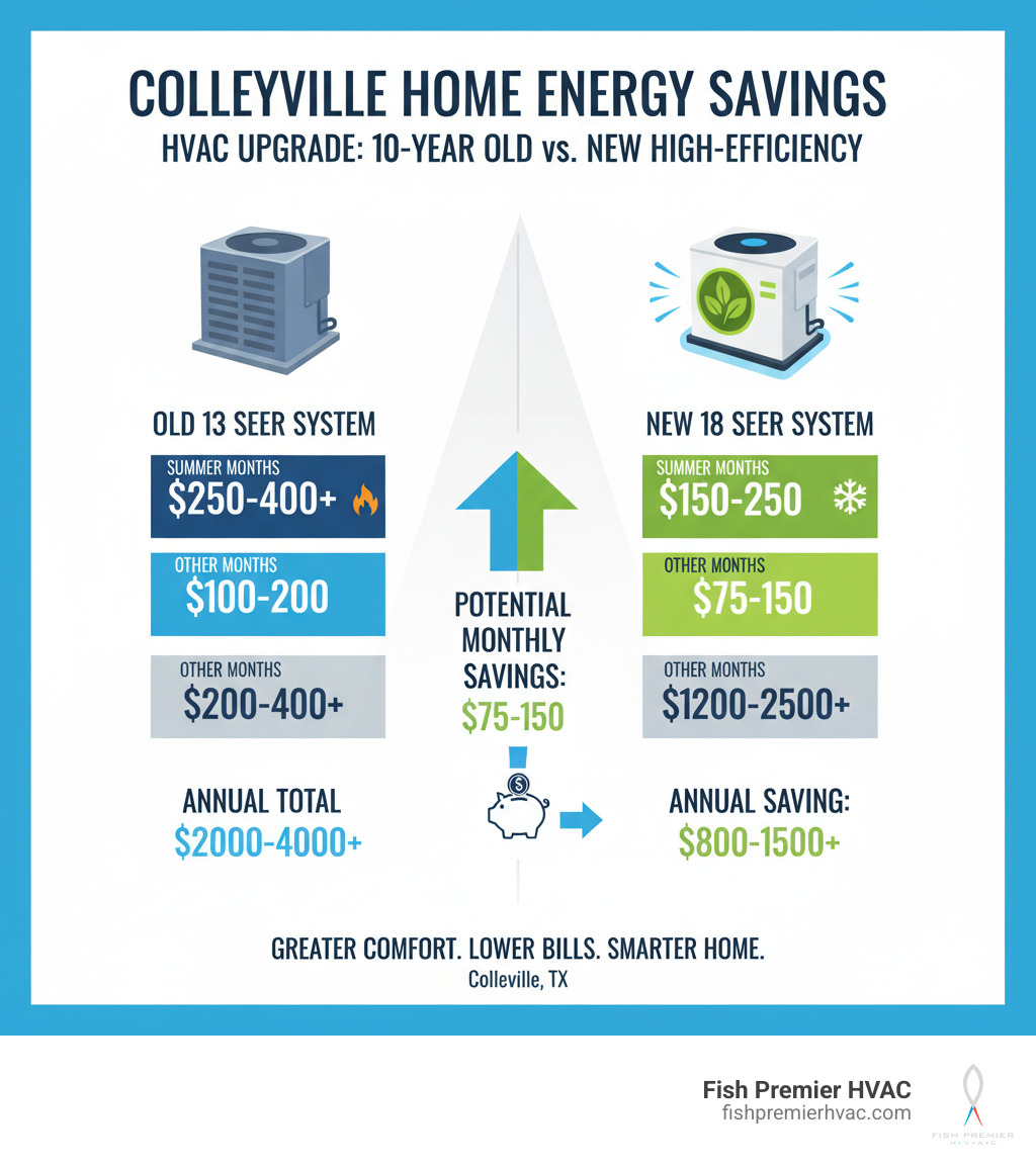 infographic showing monthly energy cost comparison between a 10-year-old 13 SEER system versus a new 18 SEER high-efficiency system in a typical Colleyville home, displaying potential savings of $75-150 per month during summer cooling season and annual savings projections - high-efficiency hvac install colleyville infographic infographic showing monthly energy cost comparison between a 10-year-old 13 SEER system versus a new 18 SEER high-efficiency system in a typical Colleyville home, displaying potential savings of $75-150 per month during summer cooling season and annual savings projections - high-efficiency hvac install colleyville infographic