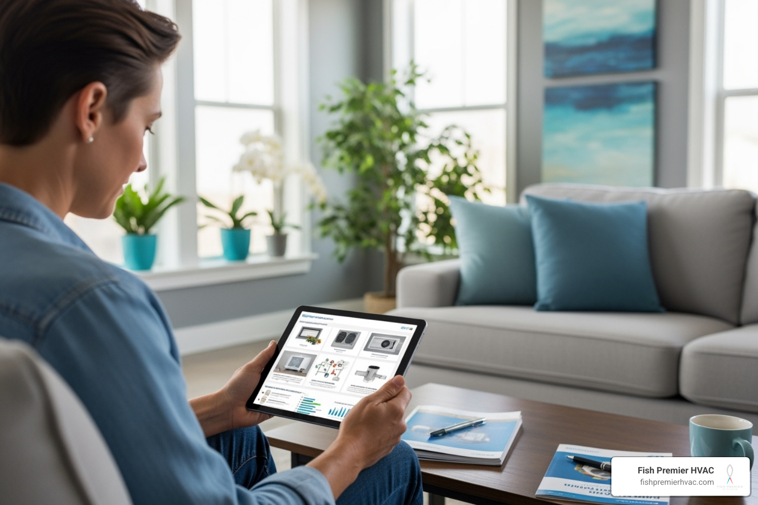 homeowner looking at different HVAC system options on a tablet - high-efficiency hvac install colleyville homeowner looking at different HVAC system options on a tablet - high-efficiency hvac install colleyville