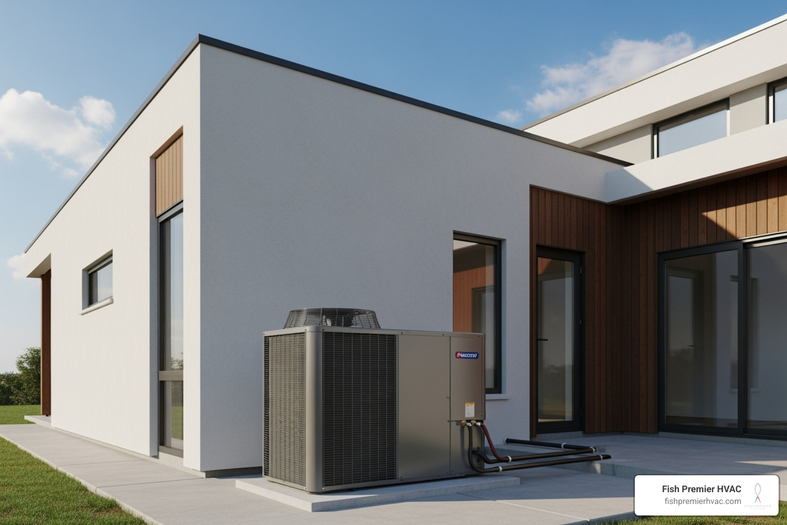 High-efficiency outdoor condenser unit next to a new home - whole home hvac new build westlake High-efficiency outdoor condenser unit next to a new home - whole home hvac new build westlake