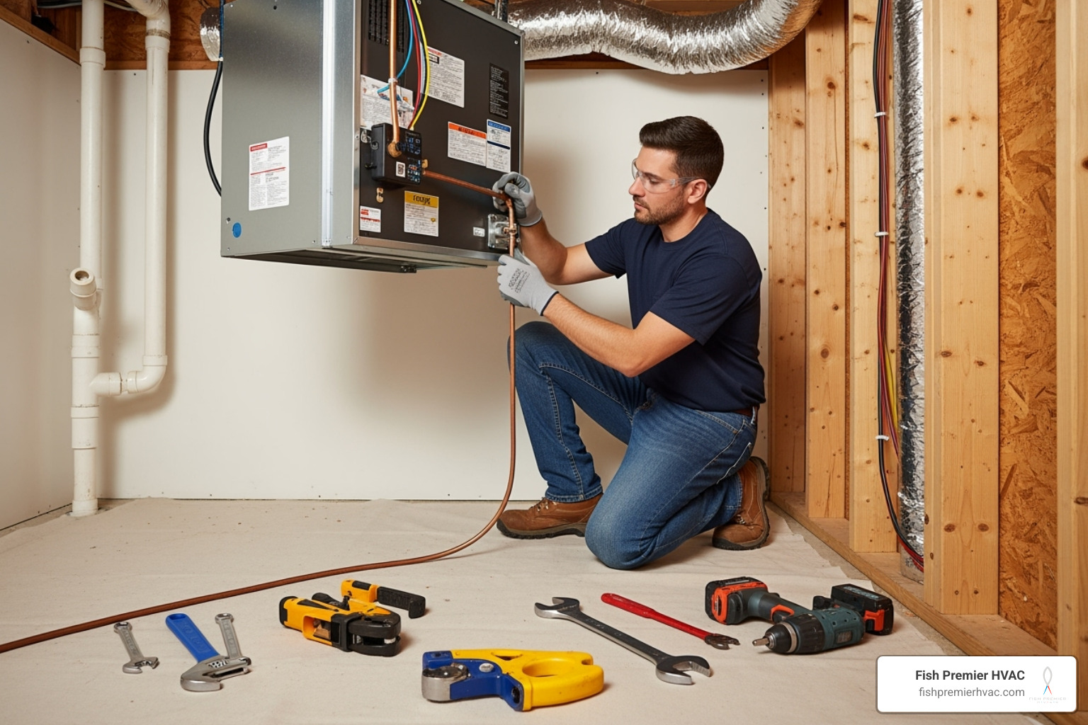 Technician carefully installing an indoor air handler - whole home hvac new build westlake Technician carefully installing an indoor air handler - whole home hvac new build westlake