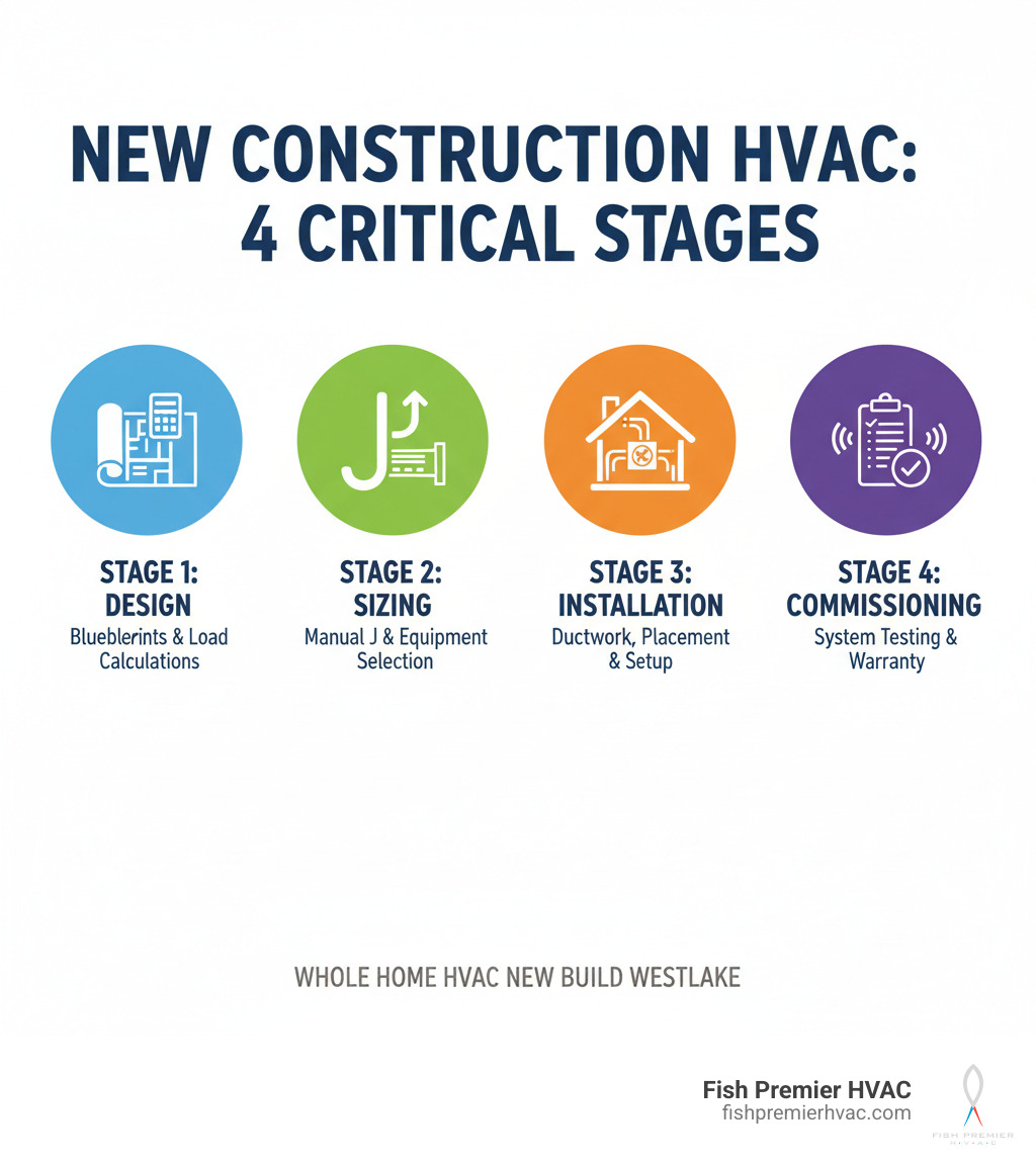 Infographic showing the four critical stages of new construction HVAC: Stage 1 Design (blueprints and load calculations), Stage 2 Sizing (Manual J calculation and equipment selection), Stage 3 Installation (ductwork, equipment placement, and proper commissioning), Stage 4 Commissioning (system testing, airflow verification, and warranty registration) - whole home hvac new build westlake infographic Infographic showing the four critical stages of new construction HVAC: Stage 1 Design (blueprints and load calculations), Stage 2 Sizing (Manual J calculation and equipment selection), Stage 3 Installation (ductwork, equipment placement, and proper commissioning), Stage 4 Commissioning (system testing, airflow verification, and warranty registration) - whole home hvac new build westlake infographic