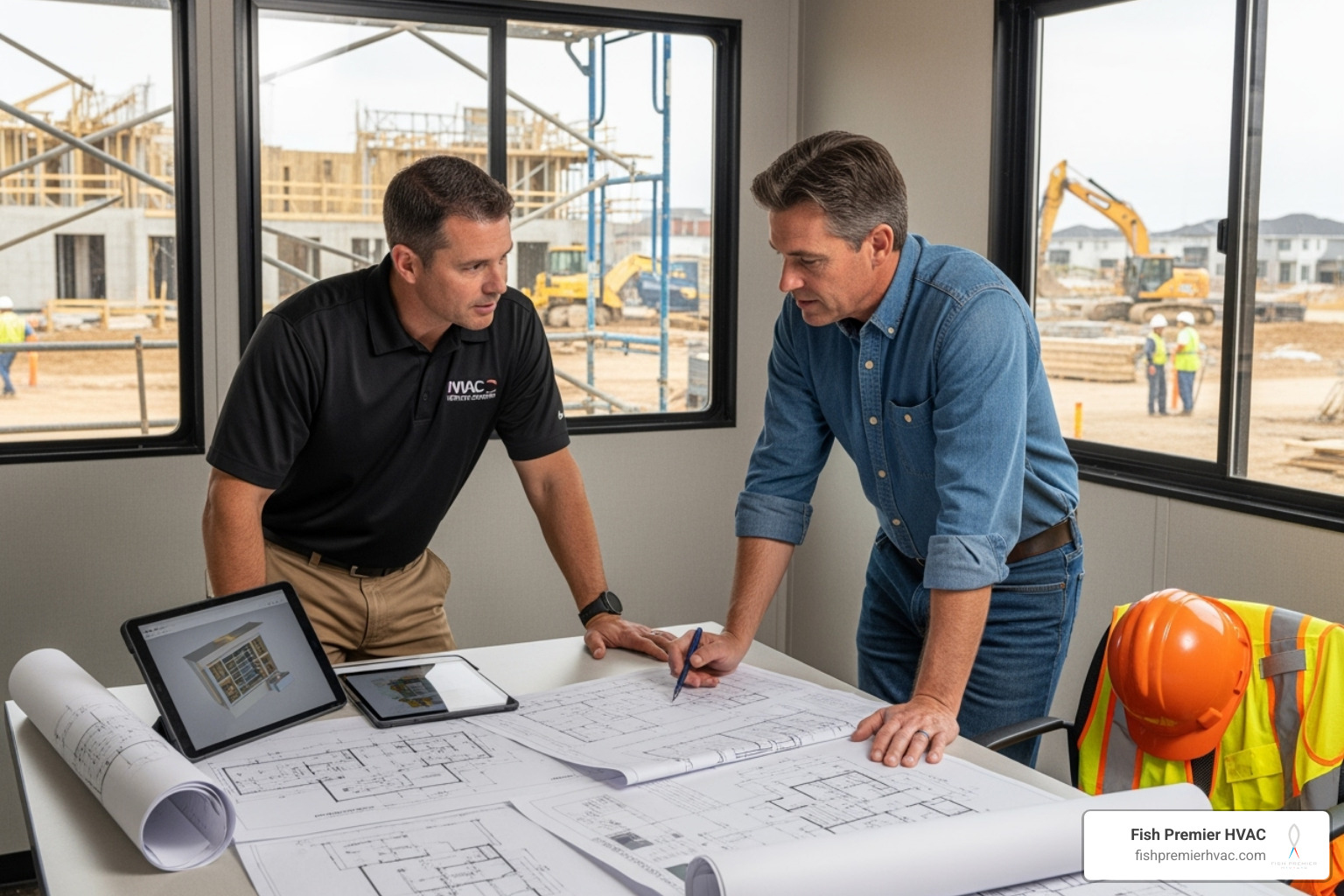 HVAC contractor reviewing blueprints with a home builder - whole home hvac new build westlake HVAC contractor reviewing blueprints with a home builder - whole home hvac new build westlake