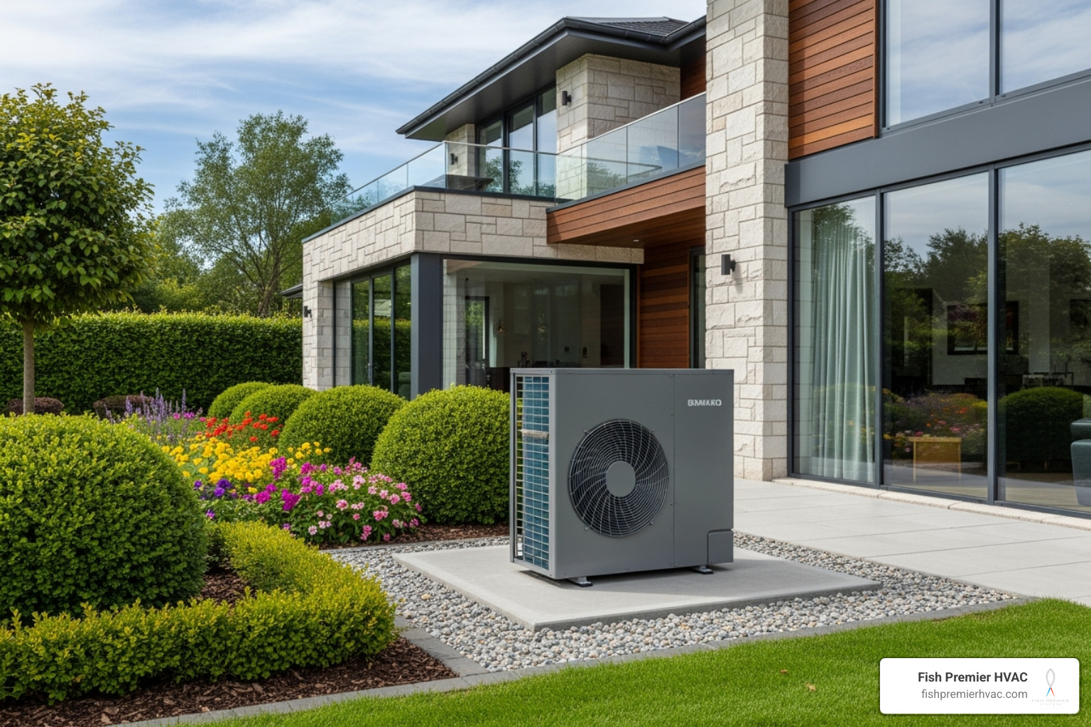 A sleek, modern outdoor heat pump unit next to a beautiful home - advanced residential hvac westlake A sleek, modern outdoor heat pump unit next to a beautiful home - advanced residential hvac westlake