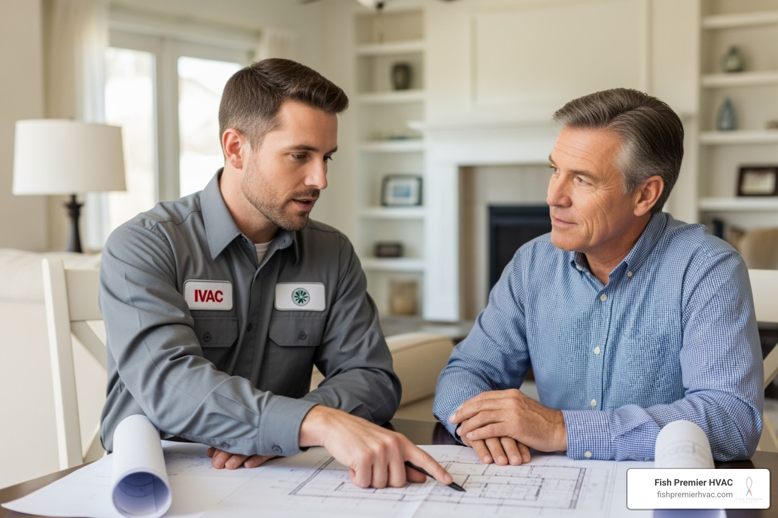 HVAC technician consulting with homeowner over blueprints - bespoke hvac solutions trophy club HVAC technician consulting with homeowner over blueprints - bespoke hvac solutions trophy club