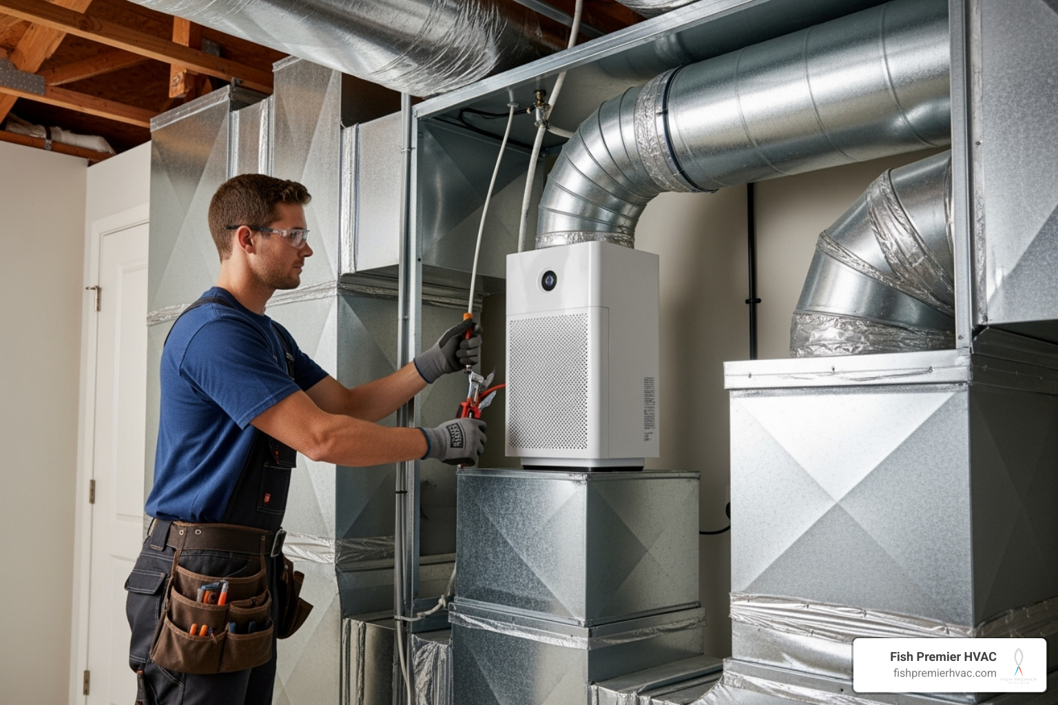 technician installing a whole-house air purifier in a home's ductwork - allergy relief air system trophy club