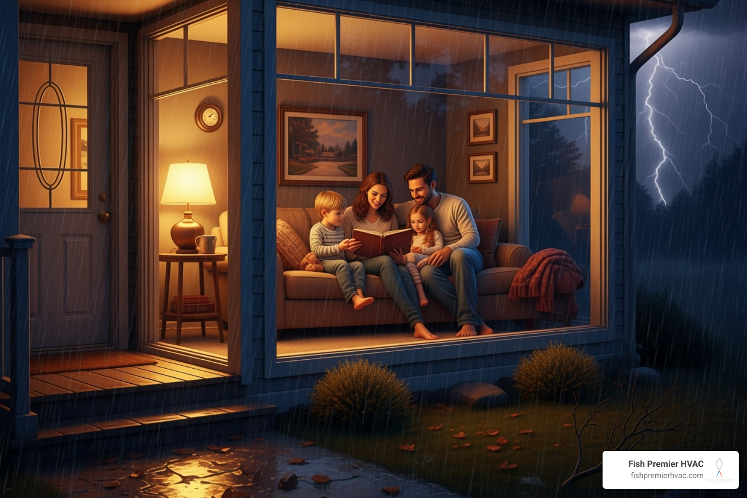 A family comfortably inside their well-lit home during a storm, viewed from outside - generator maintenance colonial hills