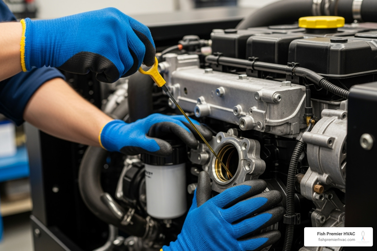 A technician's hands checking the oil level on a generator engine - generator maintenance colonial hills