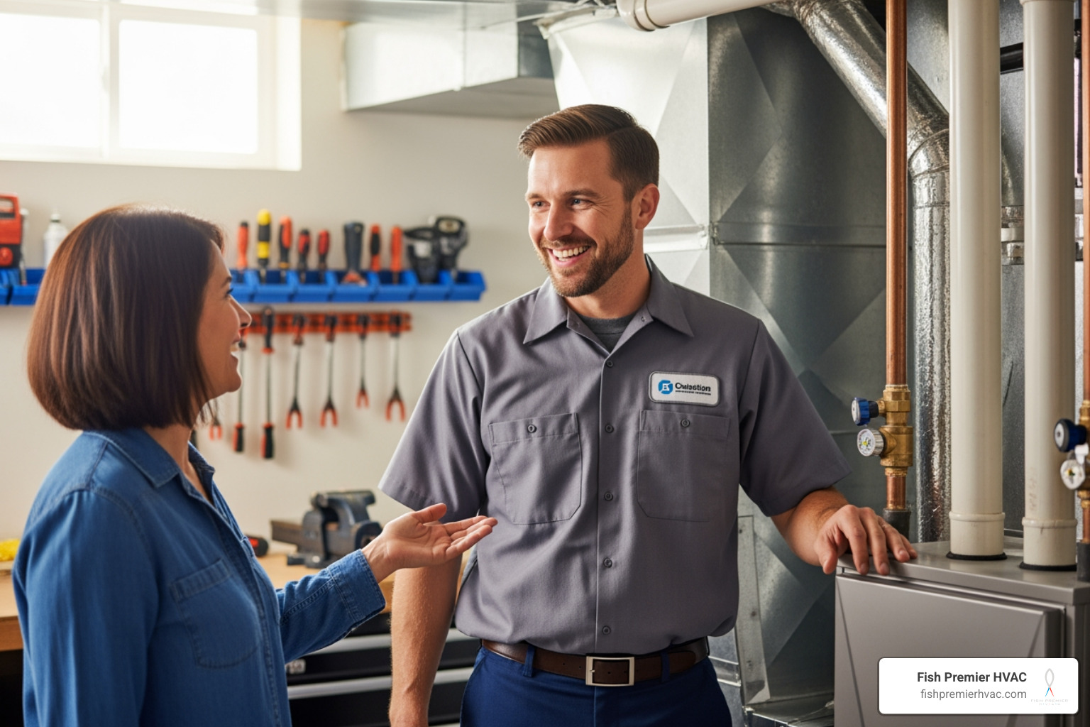 A friendly HVAC technician speaking with a homeowner in front of a furnace - "I need quotes for a furnace replacement in Southlake. Which companies specialize in this?" A friendly HVAC technician speaking with a homeowner in front of a furnace - "I need quotes for a furnace replacement in Southlake. Which companies specialize in this?"