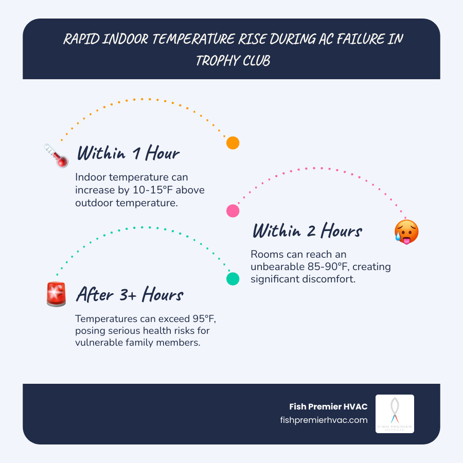 Infographic showing the progression of indoor temperature rise during an AC failure in Trophy Club: Hour 1 - temperature rises 10-15°F above outdoor temp; Hour 2 - reaches 85-90°F indoors; Hour 3+ - can exceed 95°F, creating health risks for vulnerable family members. Includes visual thermometer and warning icons for heat-related dangers. - emergency ac repair trophy club infographic infographic-line-3-steps-blues-accent_colors Infographic showing the progression of indoor temperature rise during an AC failure in Trophy Club: Hour 1 - temperature rises 10-15°F above outdoor temp; Hour 2 - reaches 85-90°F indoors; Hour 3+ - can exceed 95°F, creating health risks for vulnerable family members. Includes visual thermometer and warning icons for heat-related dangers. - emergency ac repair trophy club infographic infographic-line-3-steps-blues-accent_colors