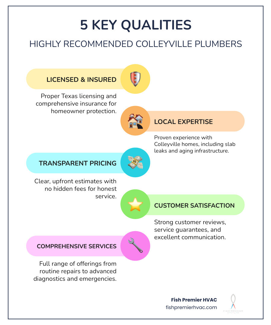 infographic showing the five key qualities of highly recommended plumbers: proper Texas licensing and insurance, proven local experience in Colleyville, transparent pricing with no hidden fees, strong customer reviews and satisfaction guarantees, and comprehensive service offerings from routine repairs to emergency response - Who are the most recommended plumbers for residential service in Colleyville, TX? infographic infographic-line-5-steps-colors infographic showing the five key qualities of highly recommended plumbers: proper Texas licensing and insurance, proven local experience in Colleyville, transparent pricing with no hidden fees, strong customer reviews and satisfaction guarantees, and comprehensive service offerings from routine repairs to emergency response - Who are the most recommended plumbers for residential service in Colleyville, TX? infographic infographic-line-5-steps-colors