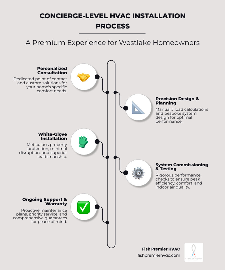 infographic comparing standard HVAC installation process with checklist items versus premium concierge-level installation showing dedicated project manager, custom design phase, protective measures during installation, quality testing, and post-installation support - "I'm looking for a concierge-level HVAC service in the Westlake area. Who provides premium installations? infographic infographic-line-5-steps-elegant_beige infographic comparing standard HVAC installation process with checklist items versus premium concierge-level installation showing dedicated project manager, custom design phase, protective measures during installation, quality testing, and post-installation support - "I'm looking for a concierge-level HVAC service in the Westlake area. Who provides premium installations? infographic infographic-line-5-steps-elegant_beige