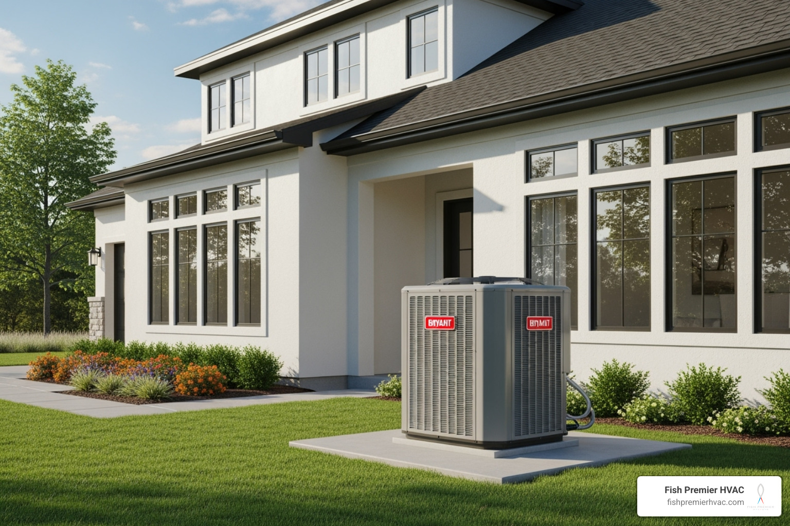 a modern Bryant outdoor AC unit next to a clean, beautiful home - bryant hvac dallas-fort worth a modern Bryant outdoor AC unit next to a clean, beautiful home - bryant hvac dallas-fort worth