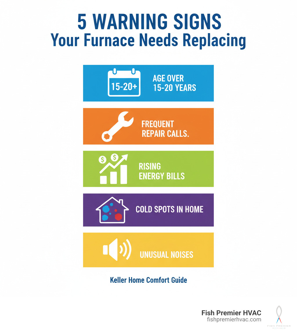 infographic showing five warning signs for furnace replacement: age over 15-20 years with a calendar icon, frequent repair calls with a wrench icon, rising energy bills with an upward trending graph, cold spots in home with uneven temperature zones illustration, and unusual noises with sound wave symbols - furnace replacement keller infographic infographic showing five warning signs for furnace replacement: age over 15-20 years with a calendar icon, frequent repair calls with a wrench icon, rising energy bills with an upward trending graph, cold spots in home with uneven temperature zones illustration, and unusual noises with sound wave symbols - furnace replacement keller infographic