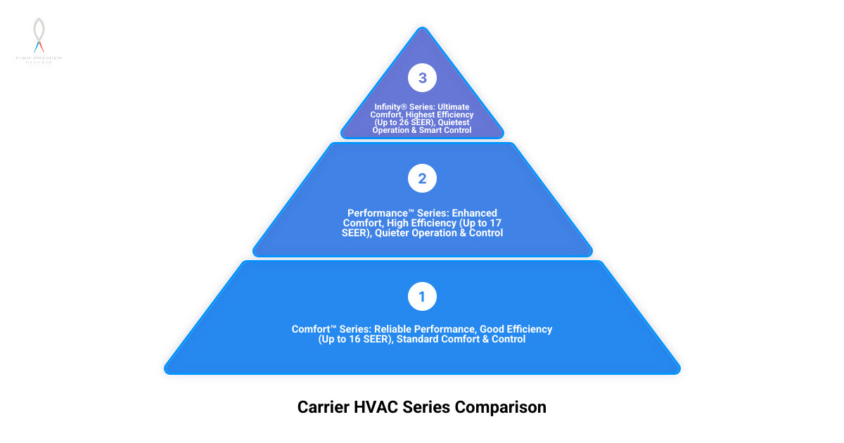 Infographic comparing key features of Carrier's Infinity, Performance, and Comfort series, highlighting efficiency, comfort, sound level, control, and humidity management - carrier hvac dallas infographic 3_stage_pyramid Infographic comparing key features of Carrier's Infinity, Performance, and Comfort series, highlighting efficiency, comfort, sound level, control, and humidity management - carrier hvac dallas infographic 3_stage_pyramid
